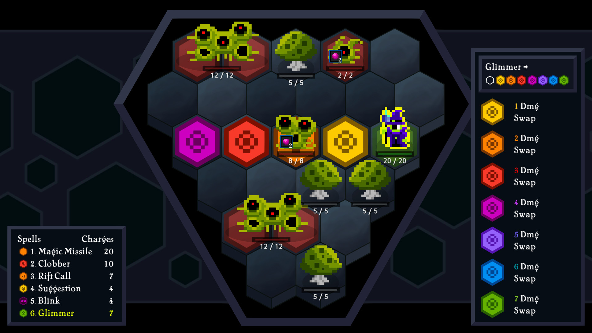 Hex of the Lich：边界完整的狭长六角棋盘内有巫师、绿色怪物和带颜色的法术六角，血量和侧边法术列表同时可見。