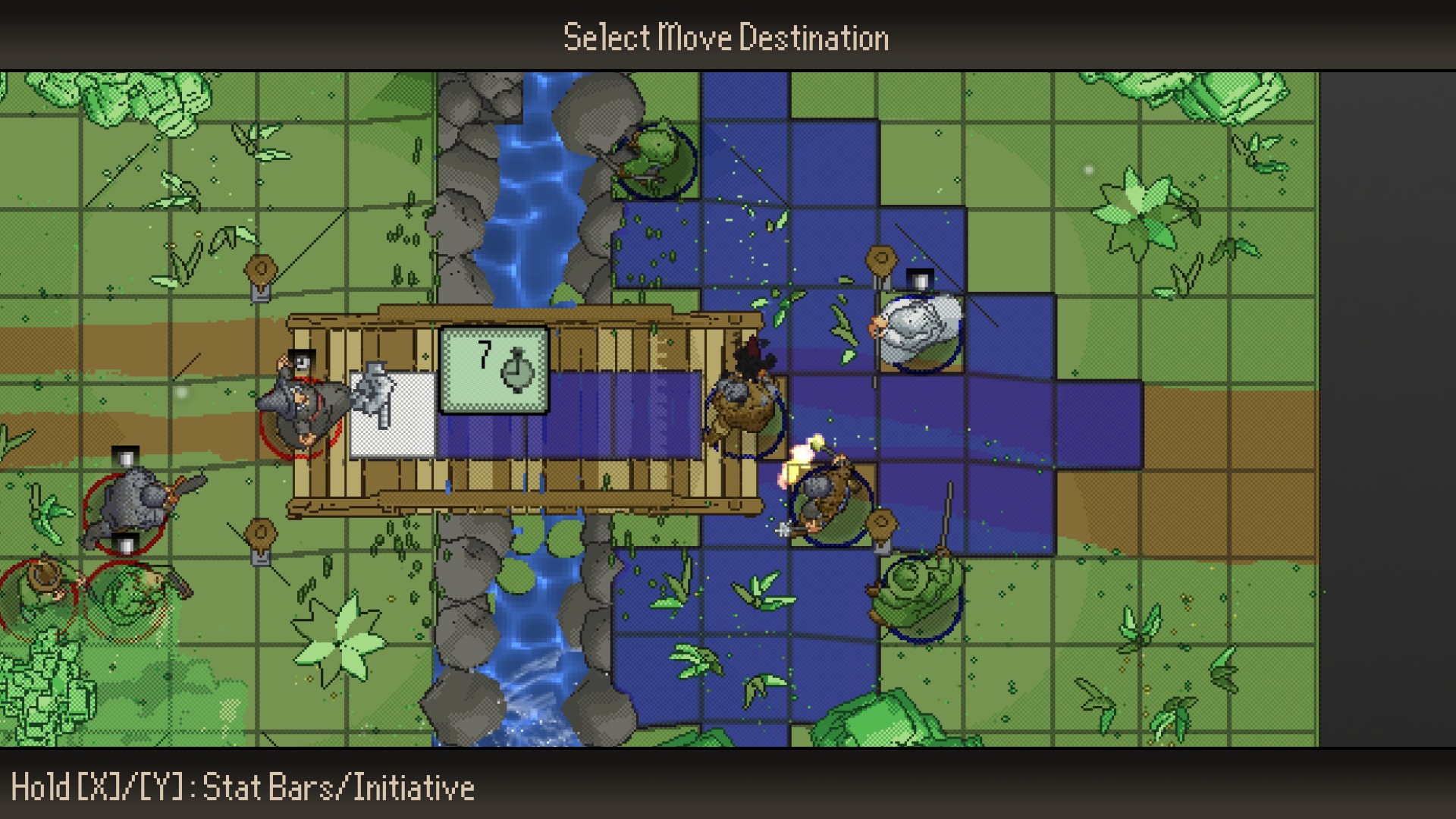 Tactics V: "Obsidian Brigade"：河流两岸由桥相连，方格显示移动范围，保留桥、树、坡地与角色位置。