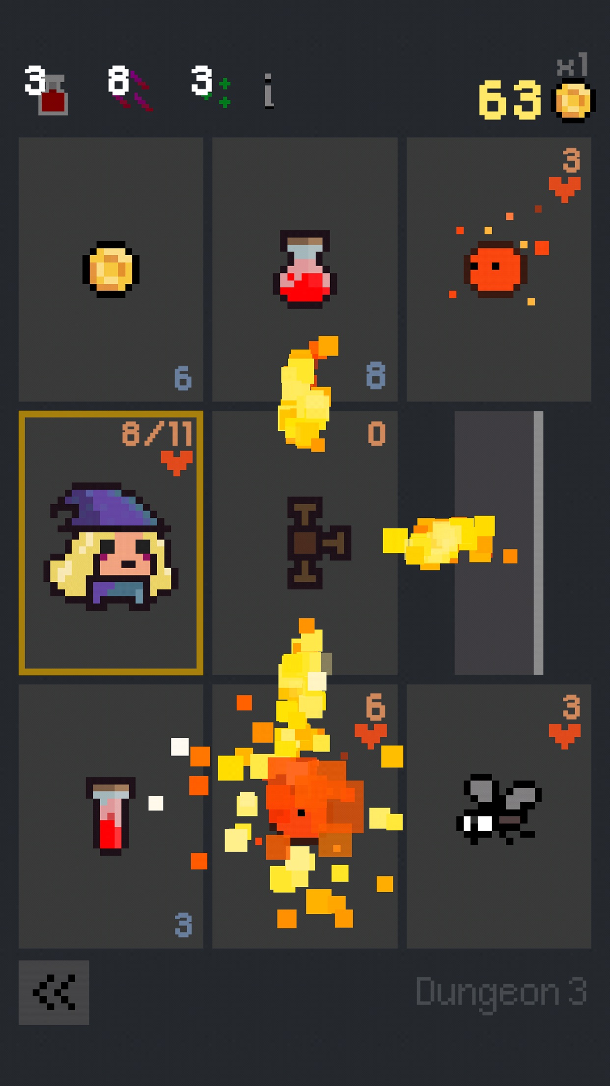 Dungeon Cards：九宫格卡牌地牢；英雄逐格移动，碰触卡牌产生战斗或拾取。