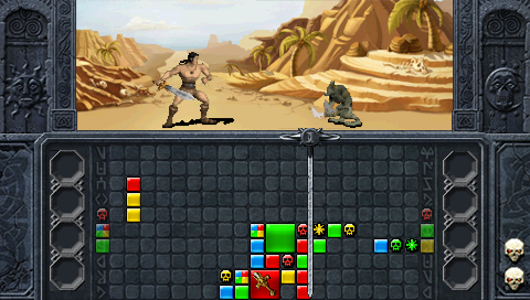 Puzzle Chronicles：双方共用带中线的方格区域；匹配宝石，推动分界线并挤压对方空间。