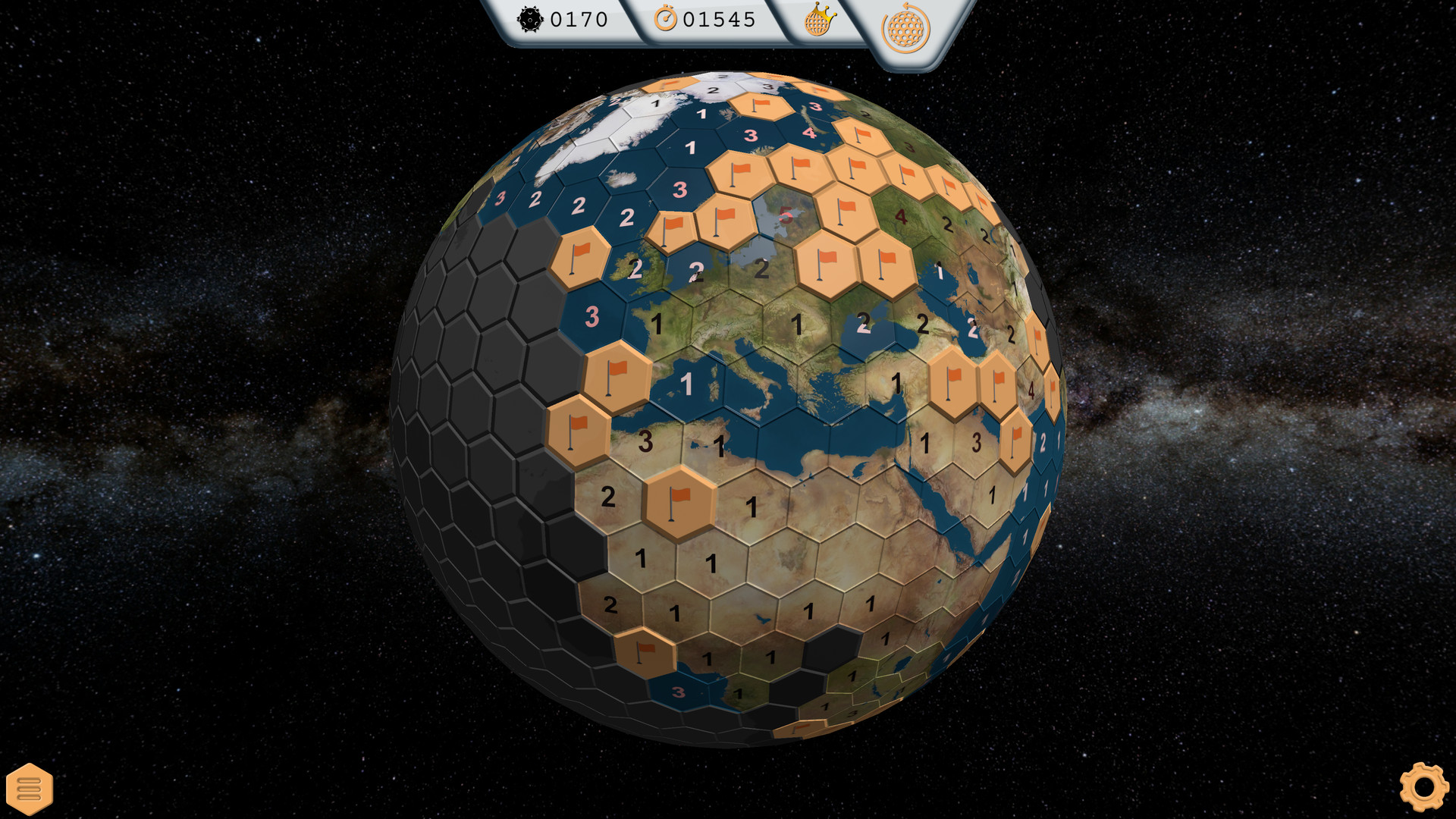 Globesweeper：球面六角棋盘有未揭格、数字和旗帜，保留球面曲率及六角邻接，不摊平成方格。
