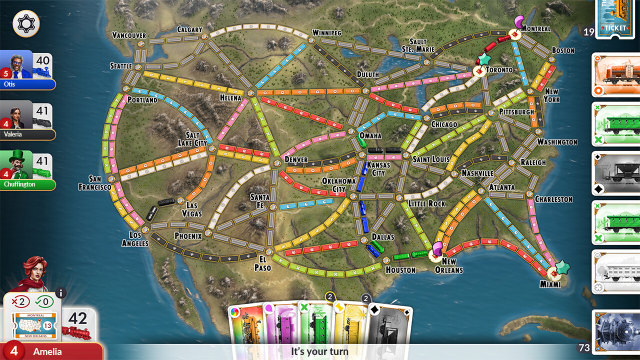 Ticket to Ride®：城市节点由不同颜色连续车厢格线路连接，保留线路拓扑、城市节点与手中车厢牌。