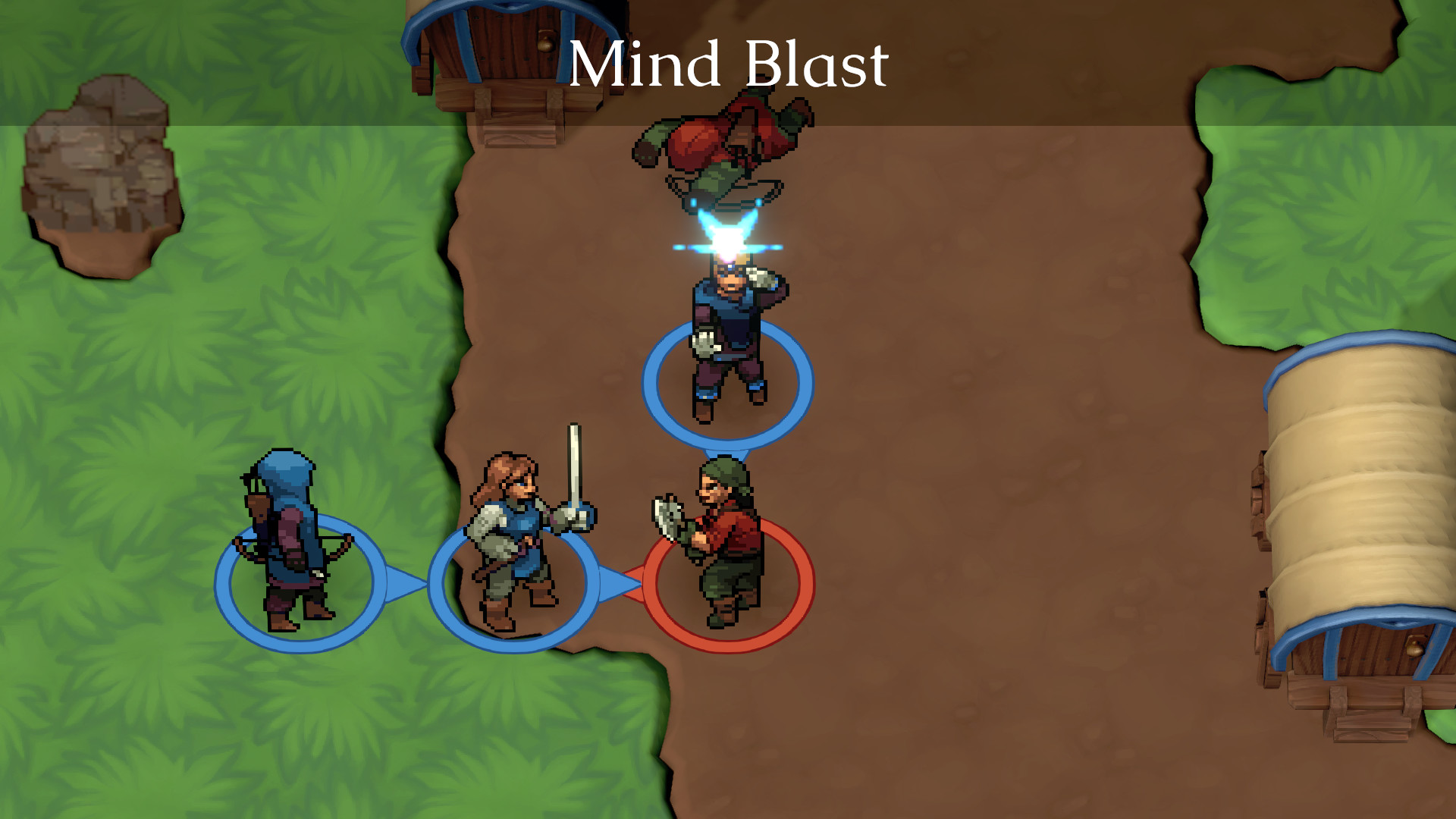 Telepath Tactics Liberated：沙土地形中战斗角色围成接触阵形，保留方格移动、建筑遮挡和攻击目标关系。