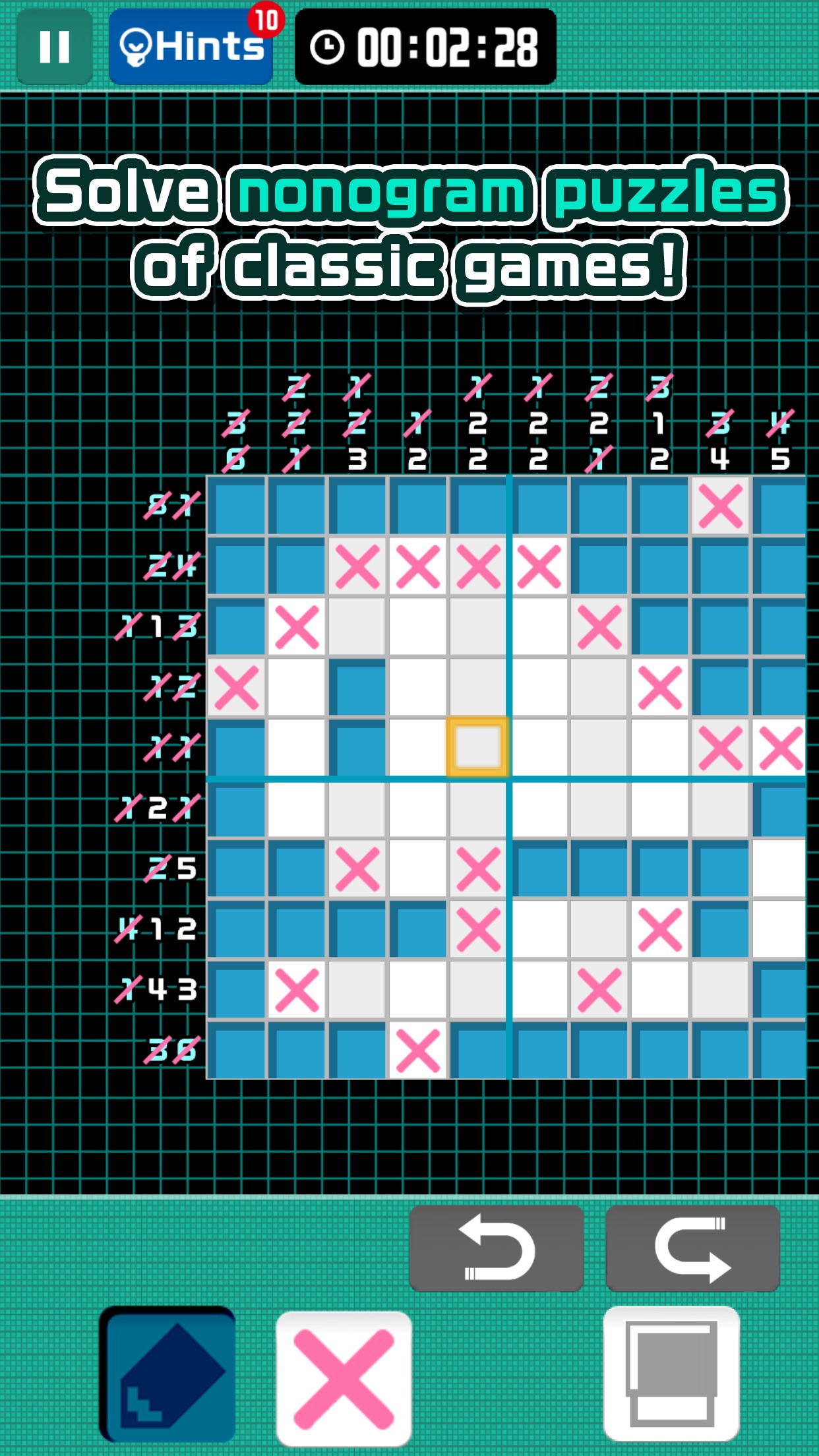 PIXEL PUZZLE COLLECTION：根据行列数字判断填色格与空格，解出经典游戏角色的像素图案。