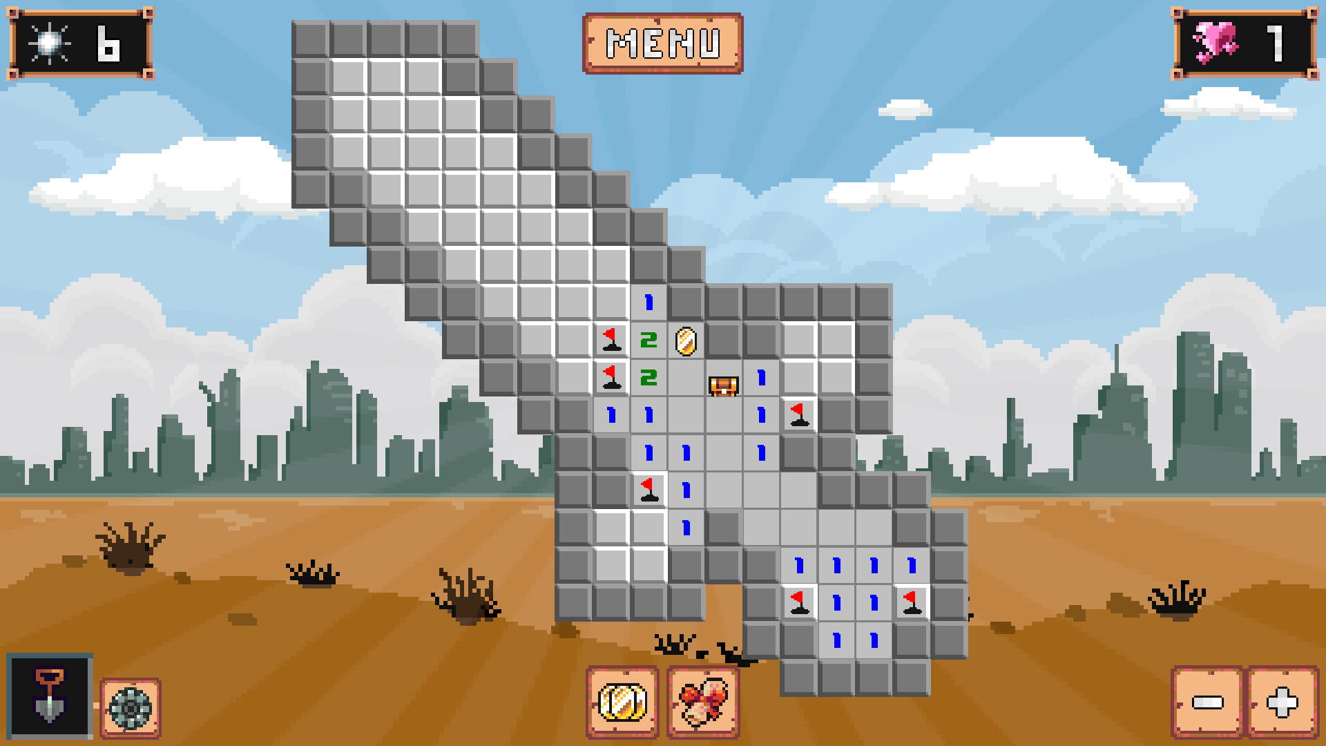 Minesweeper: Collector：不规则纵长方格轮廓中揭示数字和旗帜，保留外轮廓、未知格和功能标记。
