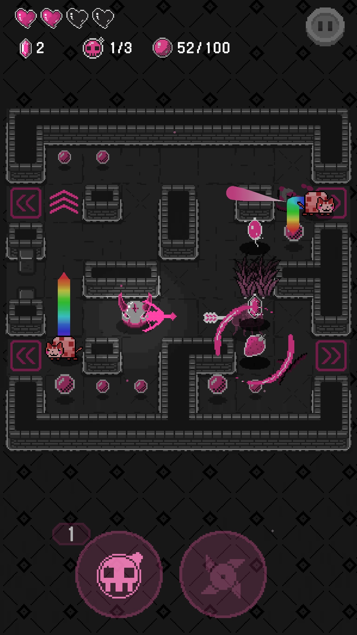 Dungeon of Weirdos：在规则墙格形成的地牢房间内收集能量球，绕开怪物和危险装置，使用道具寻找出口。