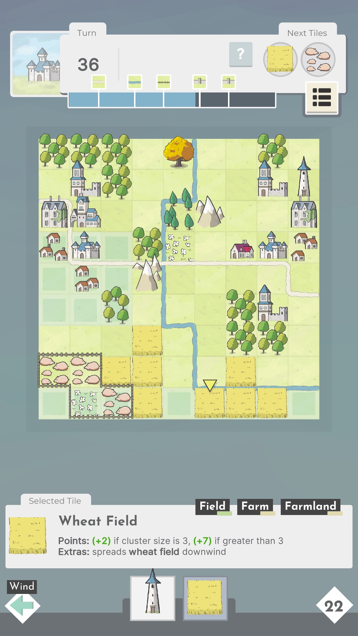 Square Valley：在有限落点中放置房屋、树林、农田等地块，按相邻关系及河流、边界条件计分。