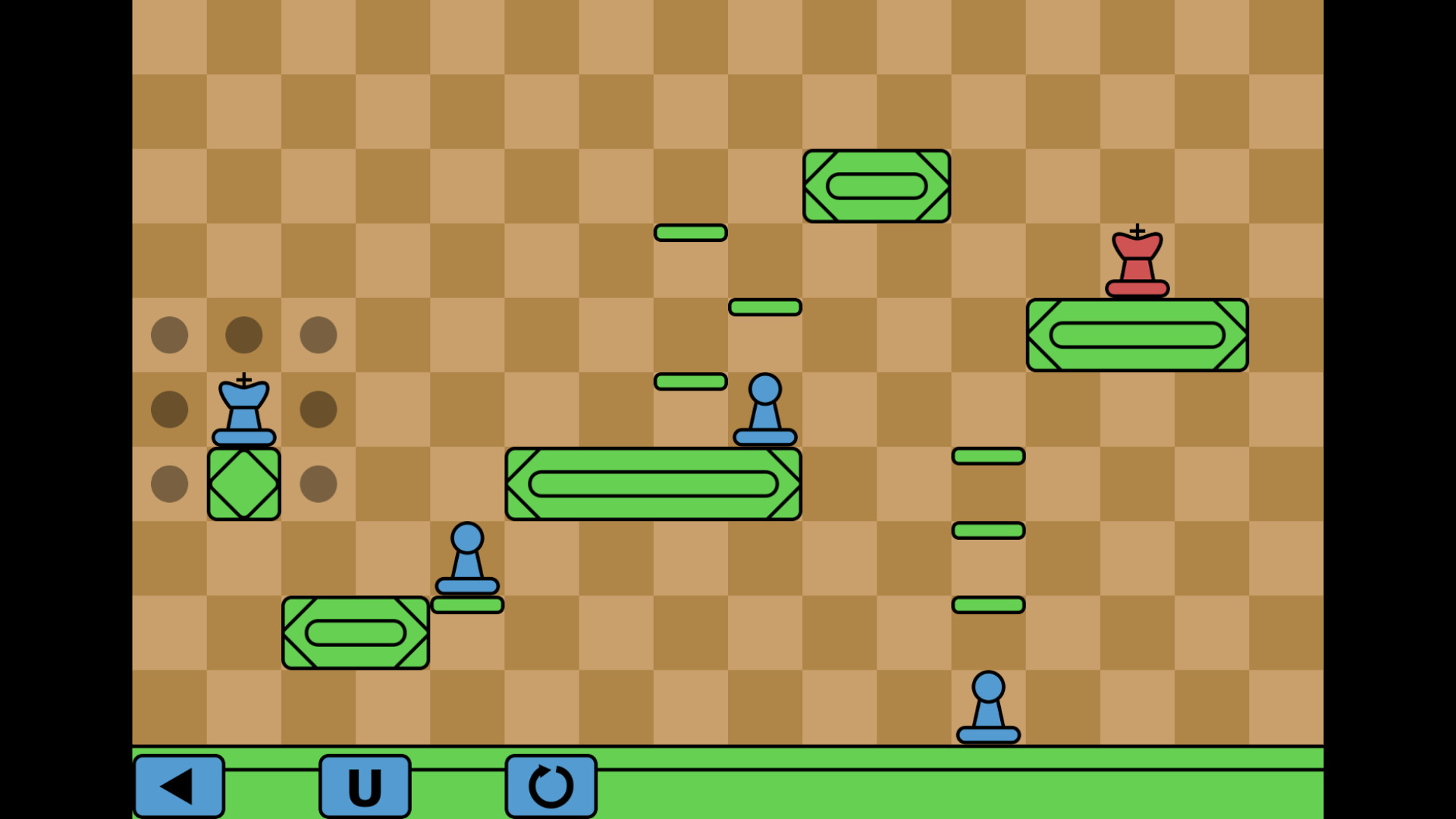 Chessformer：棋子按国际象棋走法移动后受重力下落，可互相堆叠形成支点，最终吃掉静止的敌方国王；选图展示完整侧视方格棋盘。