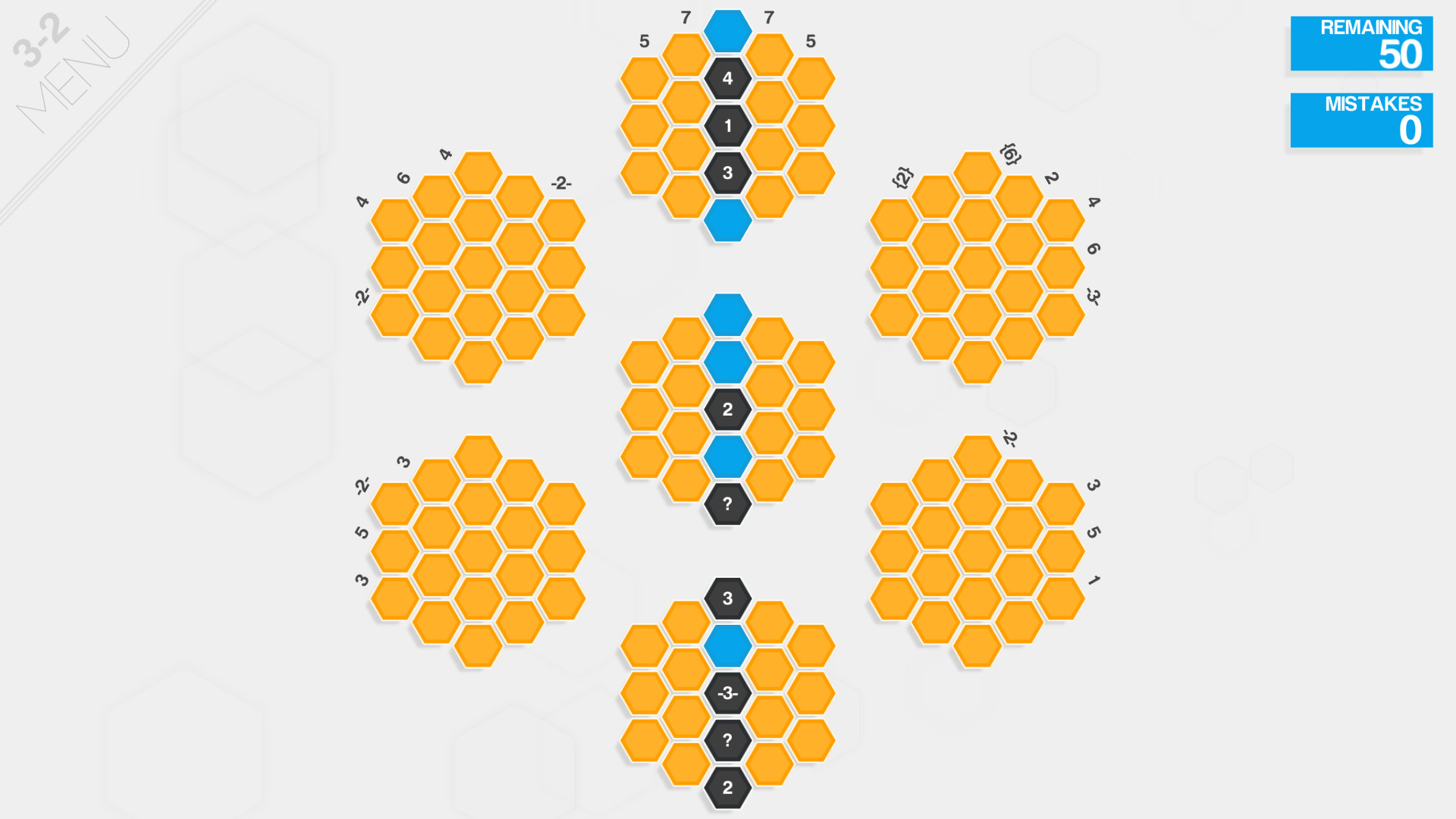 Hexcells Plus：多组分开的蜂窝六角格中数字提供相邻线索，保留六角邻接、蓝色已解格与外圈数字。