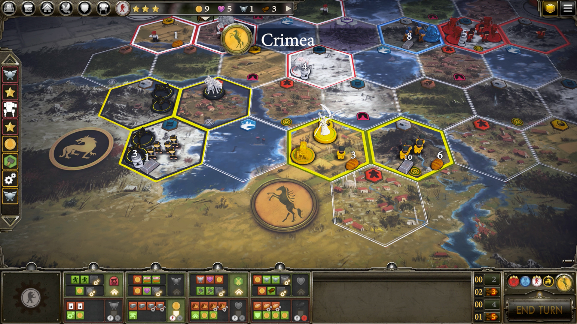 Scythe: Digital Edition：六角地图中机甲、工人和英雄占格，河流限制邻接，保留土地类型与阵营边界。