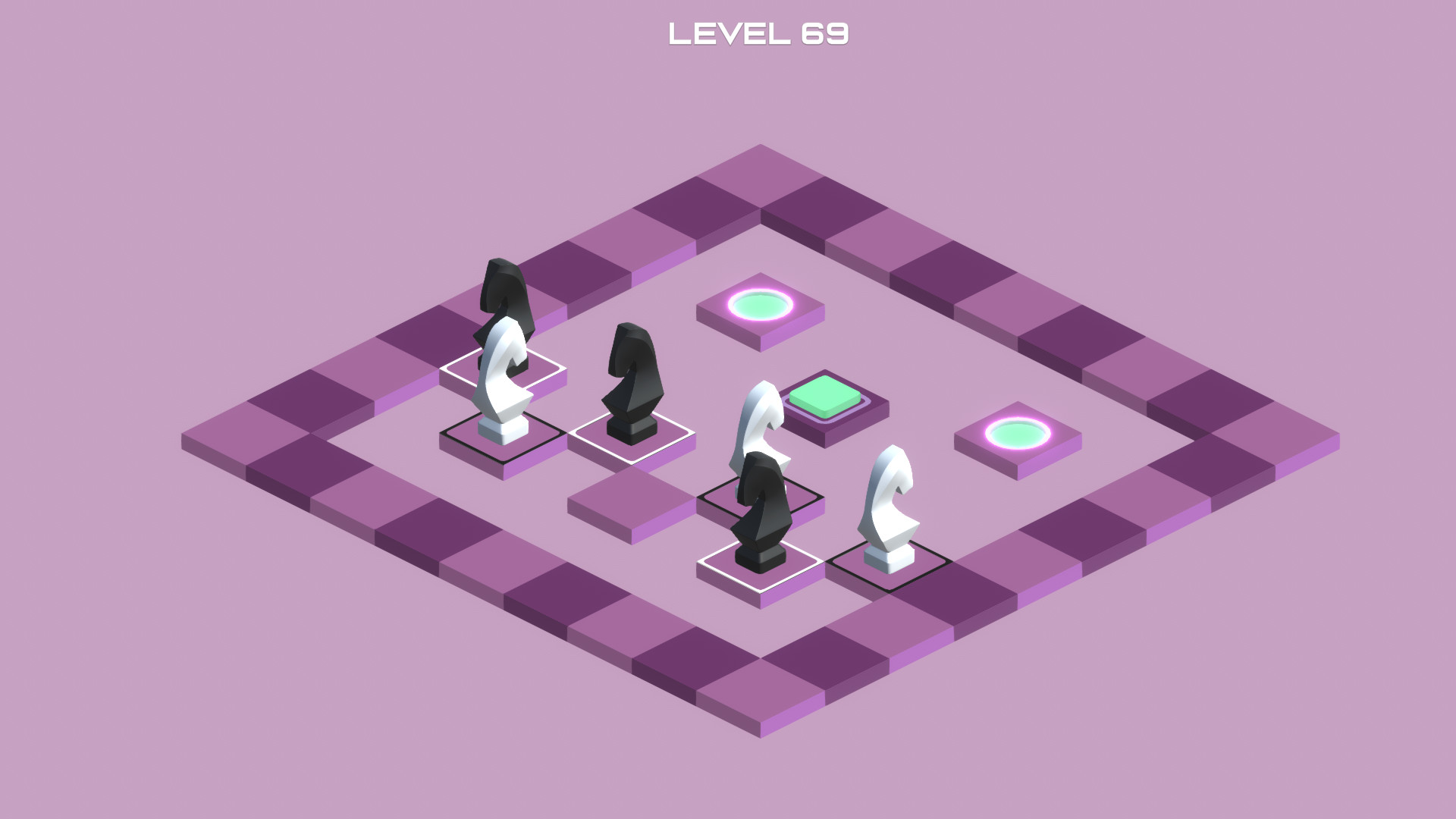 Knight Swap：在不规则棋盘上按马的走法移动黑白棋子，使双方交换位置；图中加入机关格与传送点。