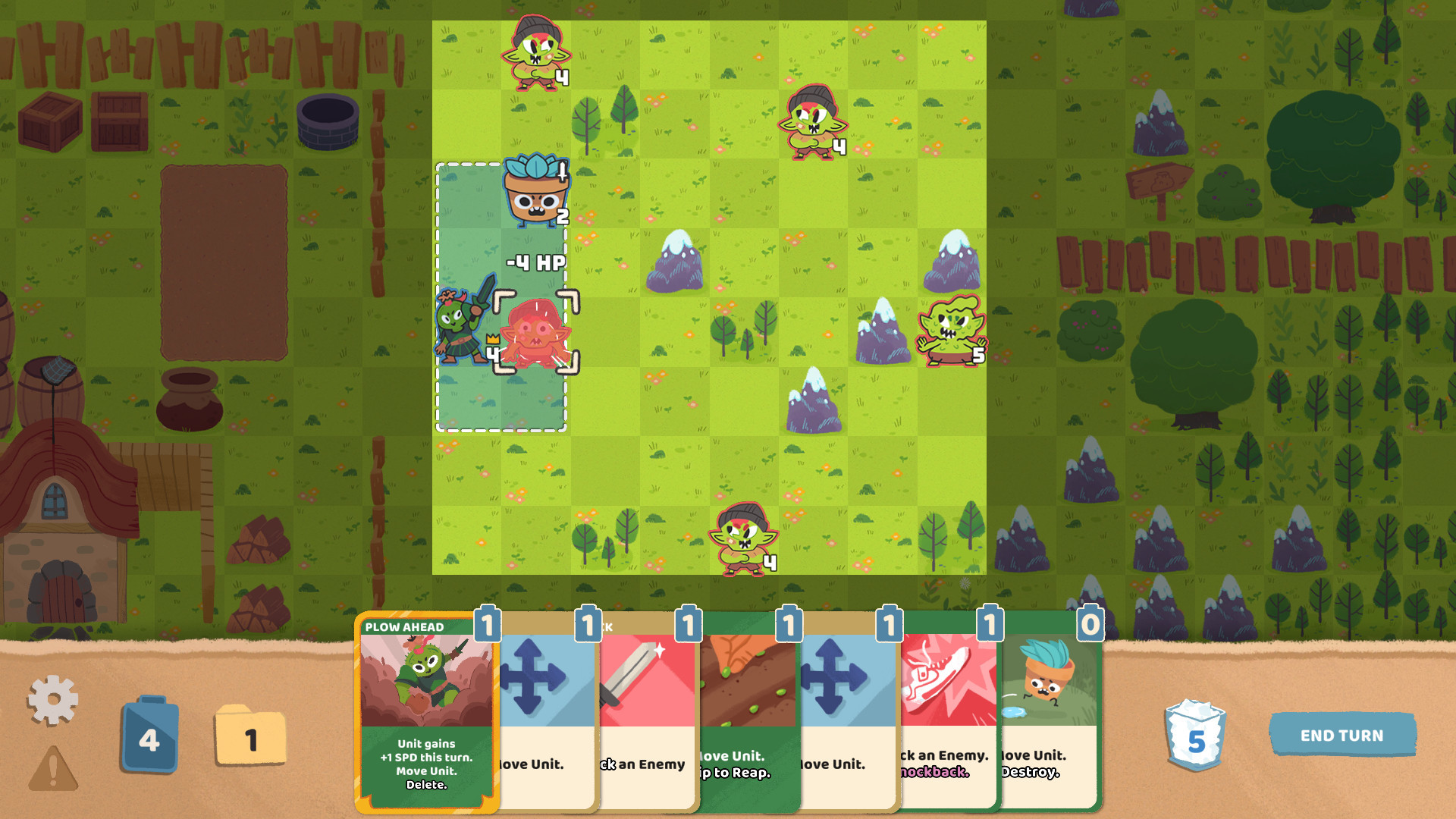 Floppy Knights：俯视方格地图上有敌我单位和障碍，绿色格表示移动范围，下方是指令卡。
