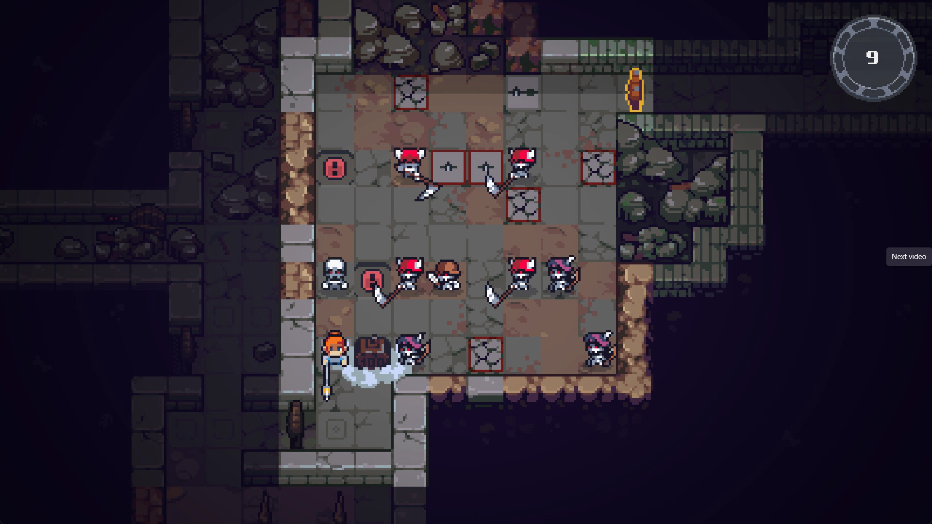 Cramped Room of Death：俯视狭窄房间内角色携带长矛按格移动和转向，武器长度与墙壁、敌人和陷阱产生空间约束。