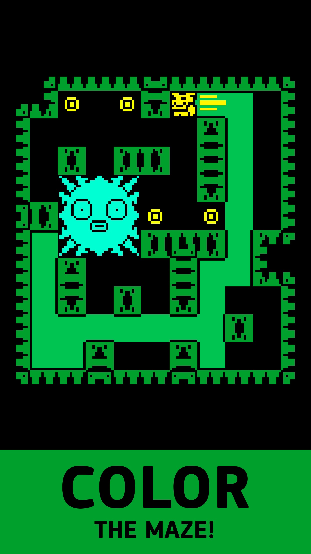 Tomb of the Mask: Color：单屏格状迷宫；沿通道滑动，将路径上的空格涂色。