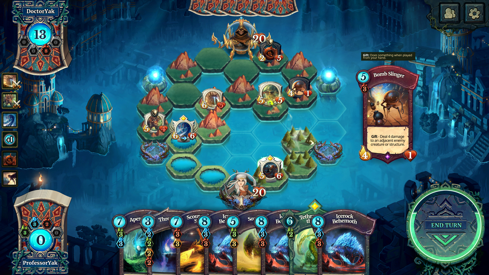 Faeria：中心六角棋盘上有空水域、已铺地块和召唤生物，底部手牌与回合按钮完整保留。