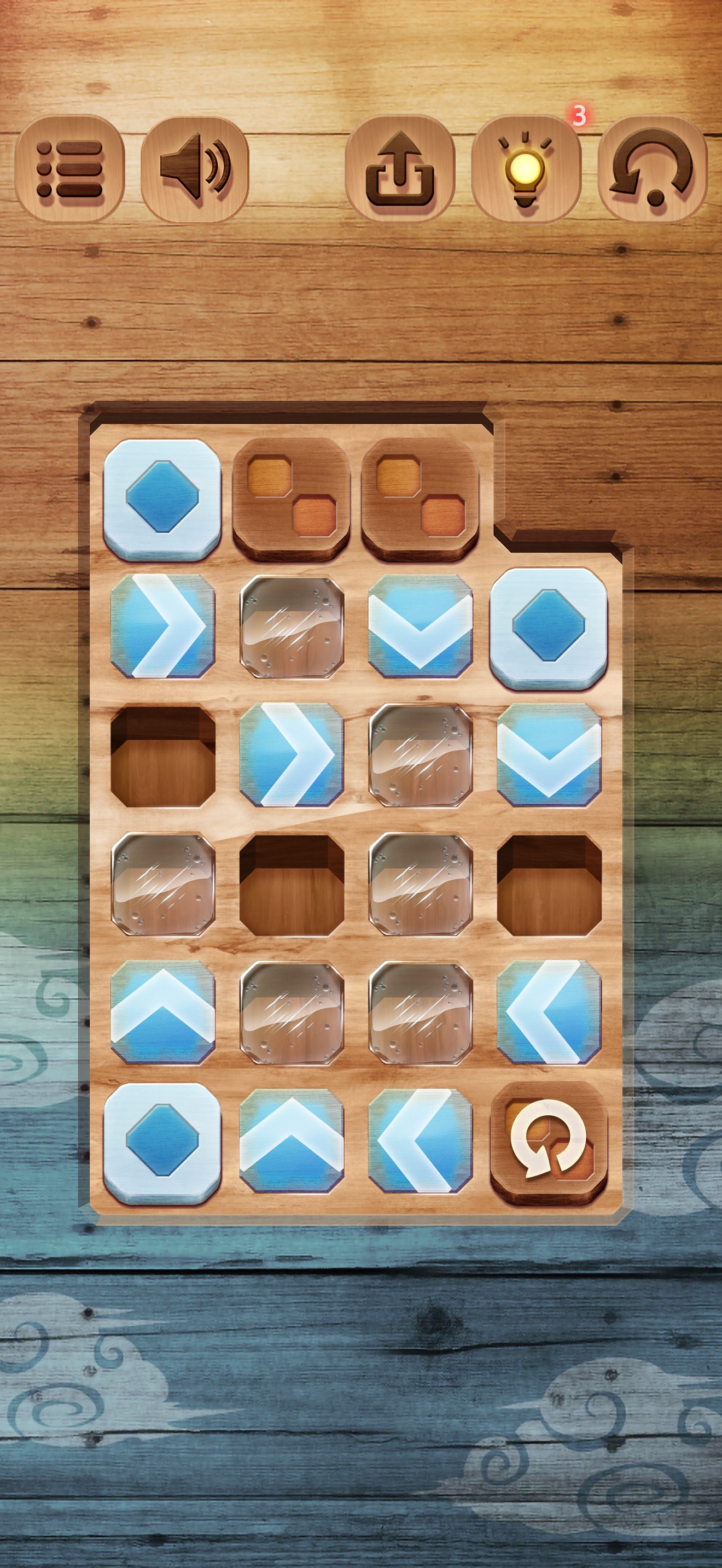 Puzzle Retreat：按顺序滑出方块填满木盘空洞；火焰、停止块与箭头会改变落点和移动路径。
