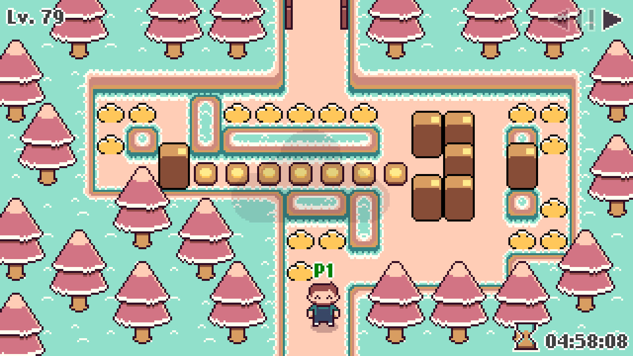 Super Box Land Demake：俯视方格雪地迷宫中玩家推箱到圆形目标，树和墙限制通路，保留所有目标与窄走廊。