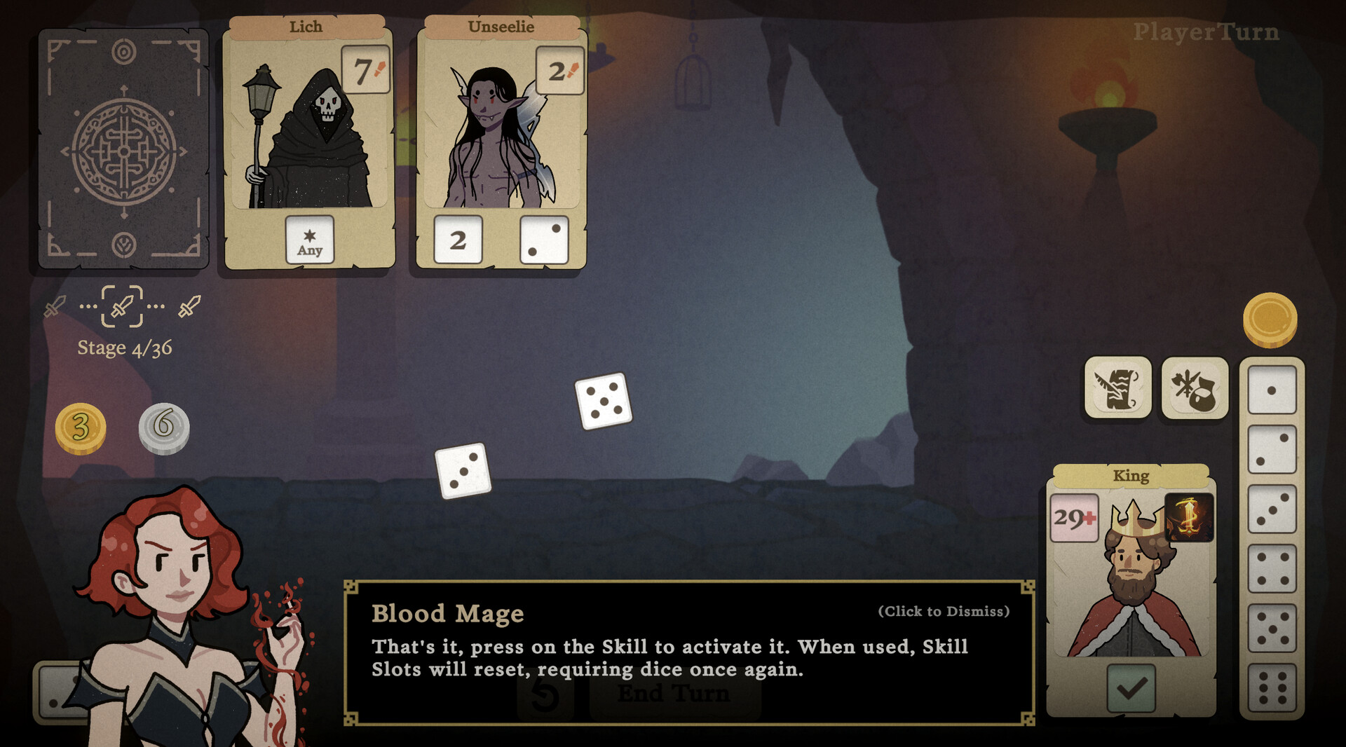 Dice & Fold：敌人以竖直卡牌排列，卡上点数槽需要对应骰子，保留骰子需求、敌人卡和玩家技能。