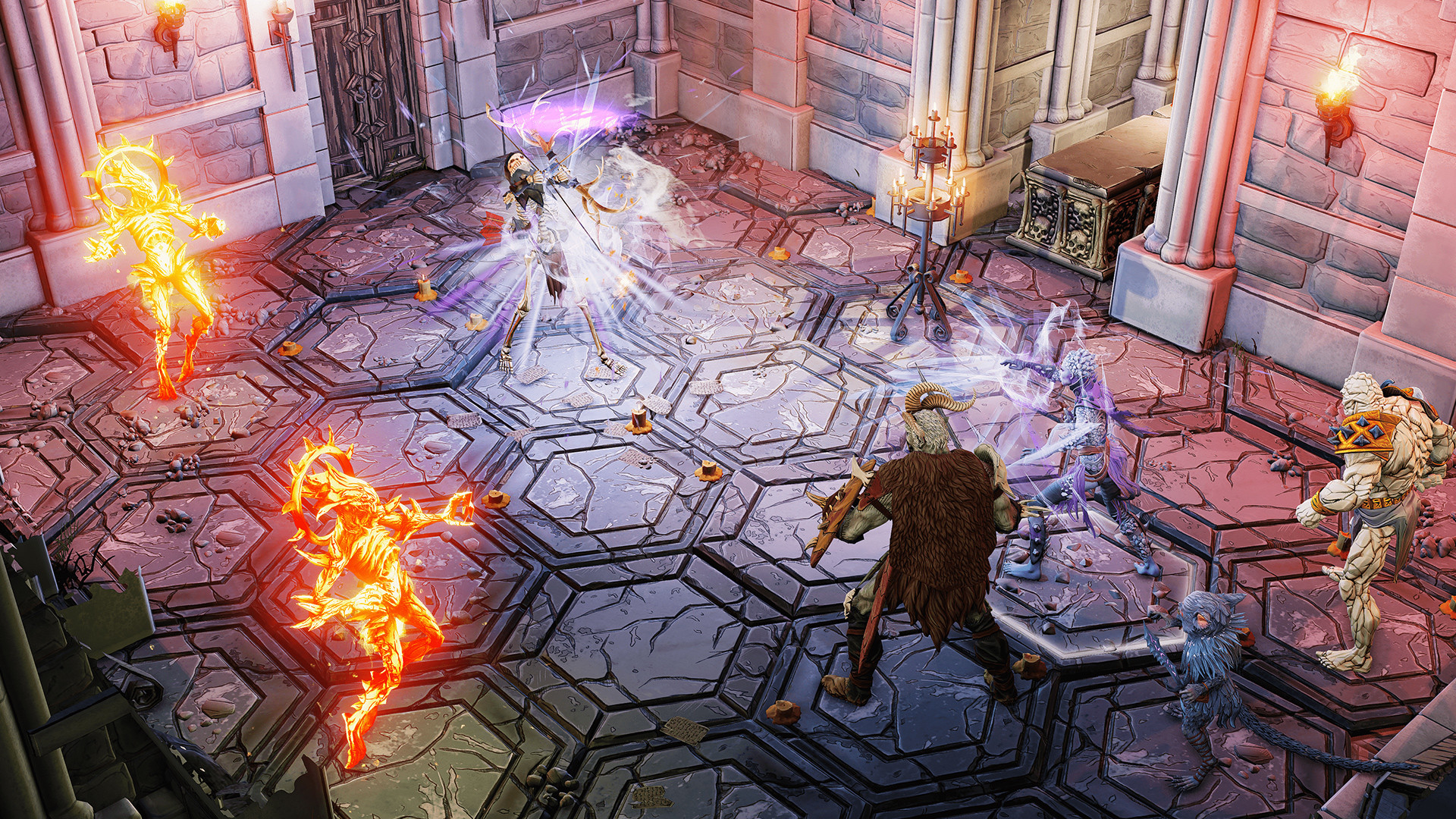 Gloomhaven：六角地牢地板上英雄及怪物占格，保留墙、柱、障碍与攻击范围，卡牌操作在下。