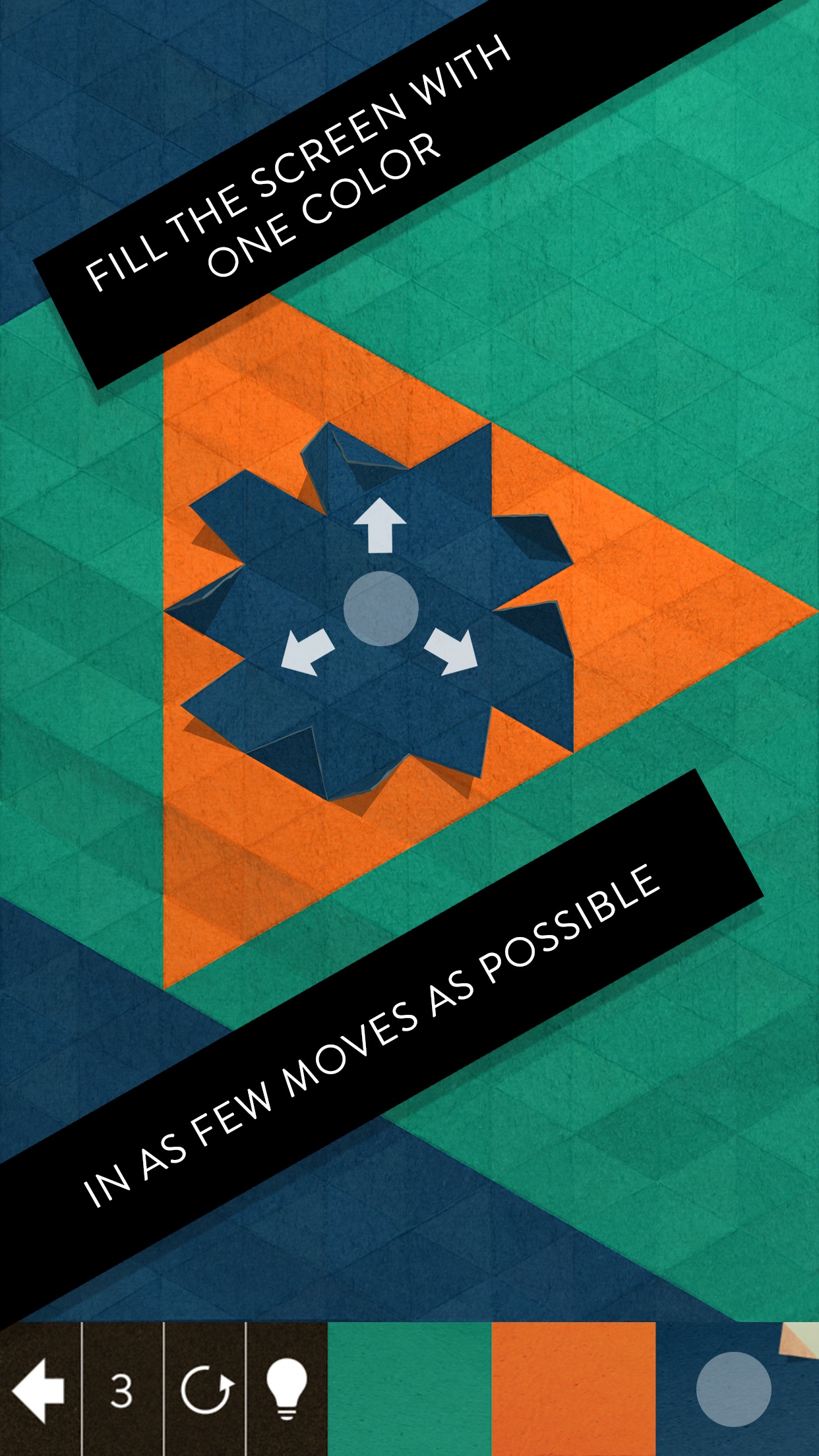 KAMI 2：在三角格拼成的彩纸区域上换色扩散，以尽量少的步数把整盘归为同一种颜色。