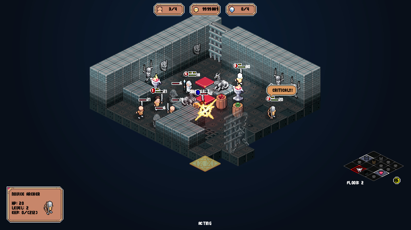 SFD : Rogue TRPG：等距石墙房间的两面外墙和整块地板边界可见，中央英雄小队与怪物交战，角落有门口和机关。