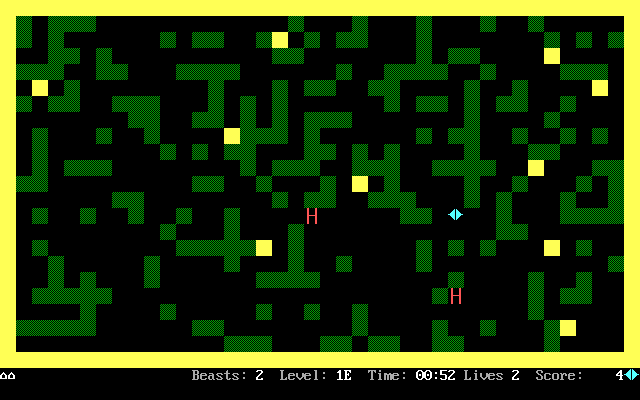 Beast：ASCII 方格场地，移动墙块把追来的怪物夹住消灭。