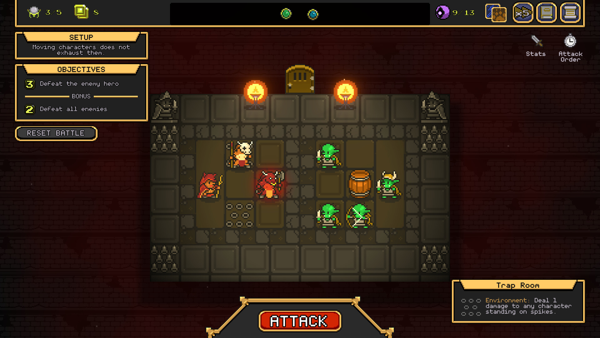 The Dungeon Beneath：石砌房间中央是少量固定战位；左侧英雄小队与右侧怪物上下错位排列，底部有ATTACK按钮。