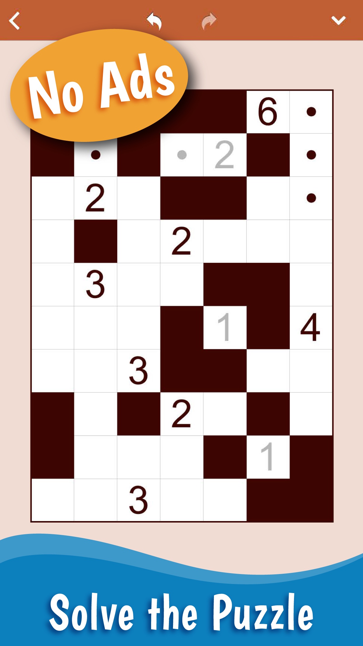 Nurikabe: Islands & Walls：按数字把白格划成指定面积的孤岛，黑格组成连续墙；岛间不正交相连，黑格不能形成2×2块。