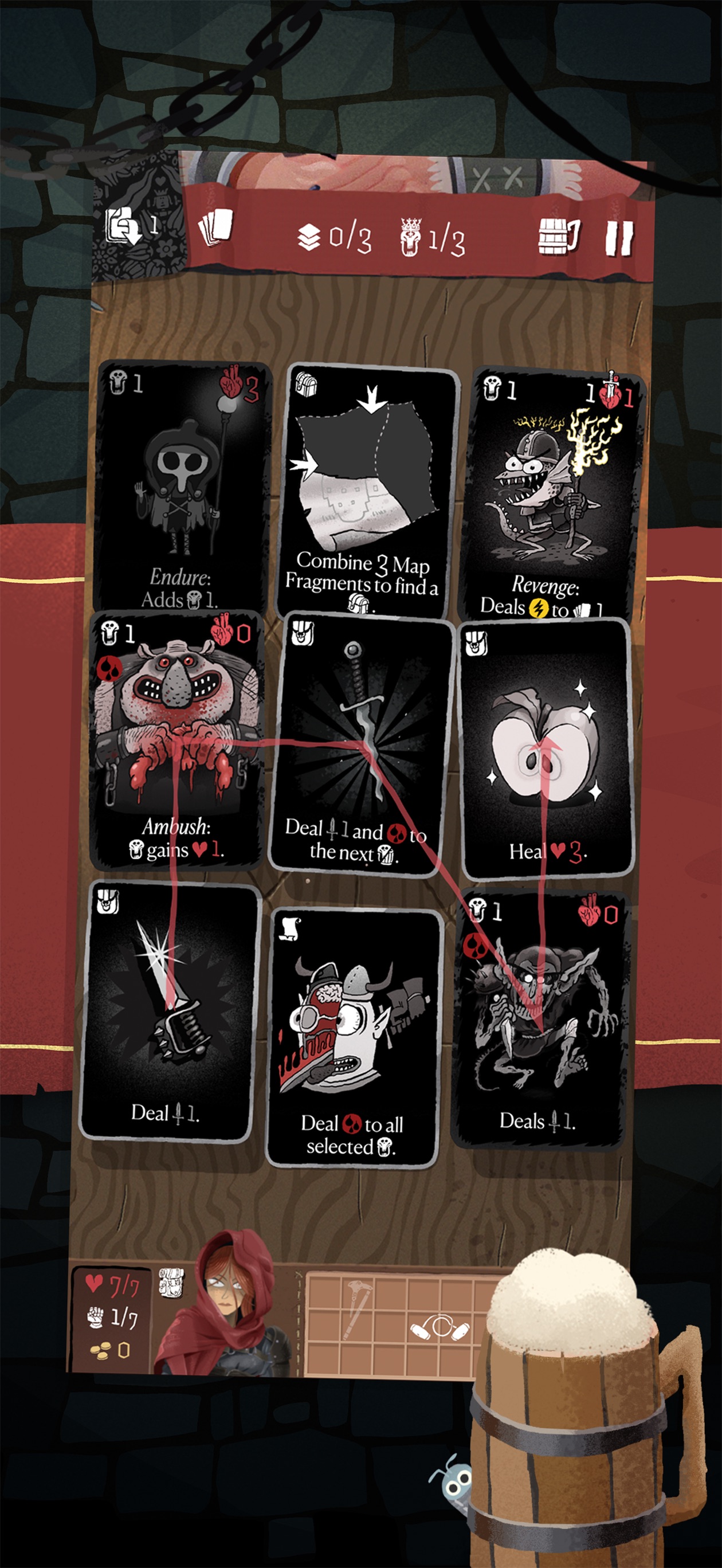 Card Crawl Adventure：3×3卡牌棋盘；在相邻牌之间画路径，把怪物、武器和法术组合结算。