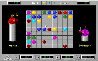 Color Lines（DOS）：在 9×9 方格盘上移动彩球，把同色球排成横向、纵向或斜向直线消除；新增彩球不断占用可走空间。
