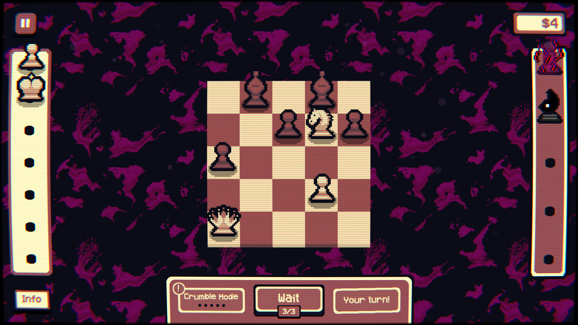 Gambonanza：中央只有一块小型黑白方格盘，少量棋子与底部回合操作形成清晰核心。