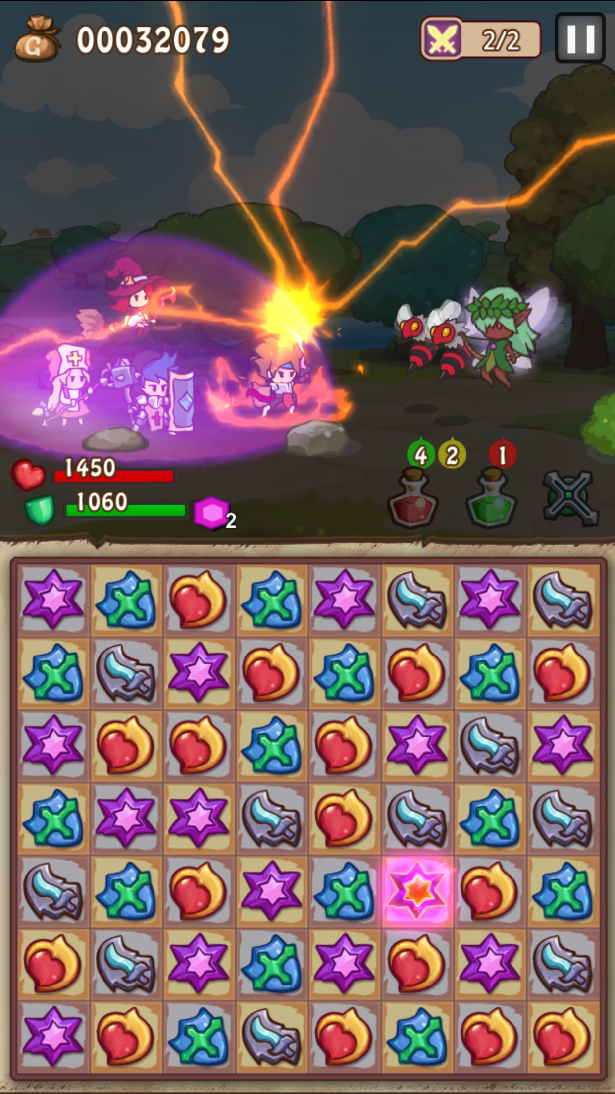 Hero Emblems：交换徽章进行三消，分别触发队伍攻击、防御、治疗与技能；上方战斗、下方完整徽章盘面。