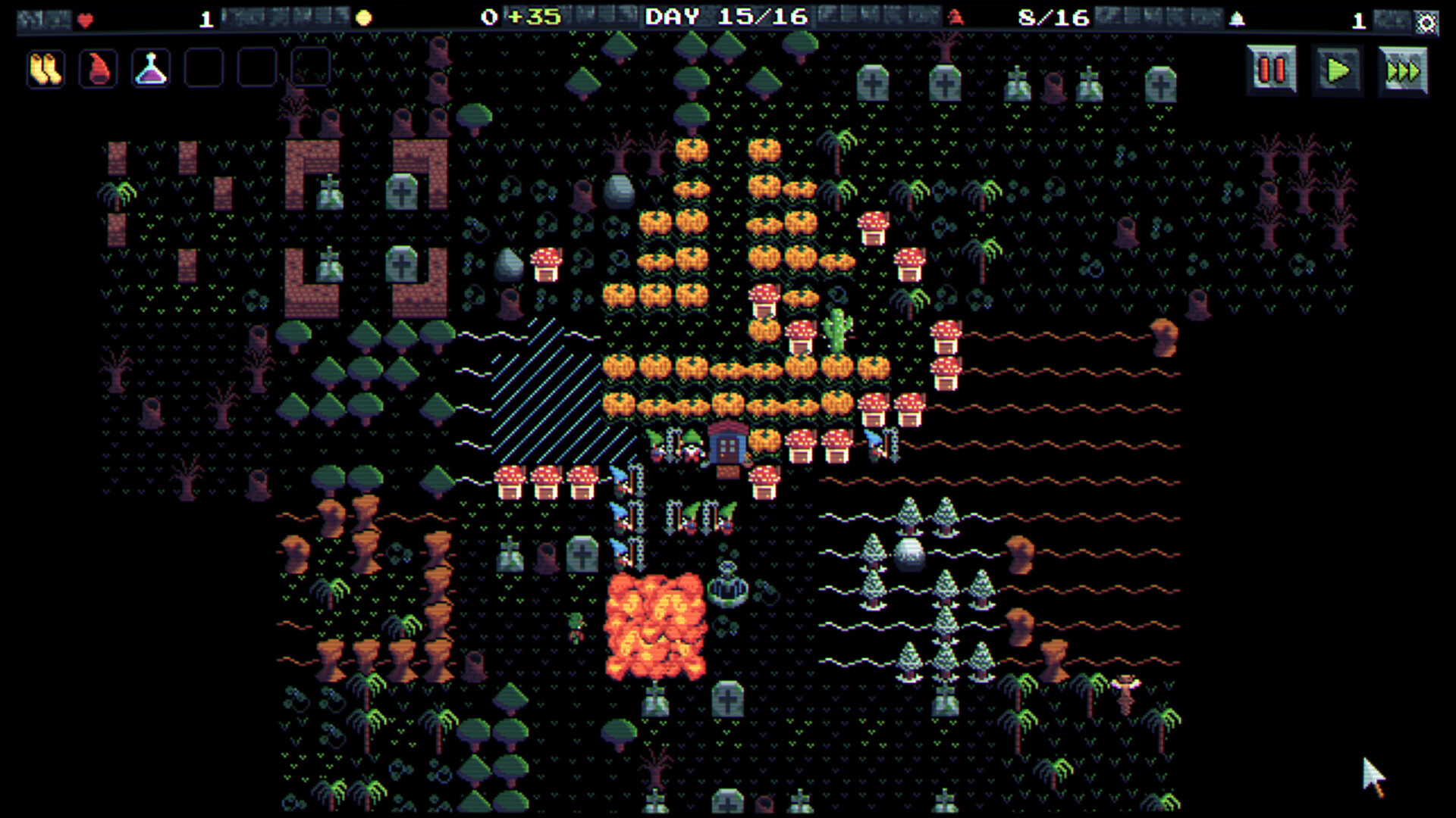 Gnomes：顶视离散格盘上种植作物、摆放防守单位与障碍，敌人从周围向农田推进。