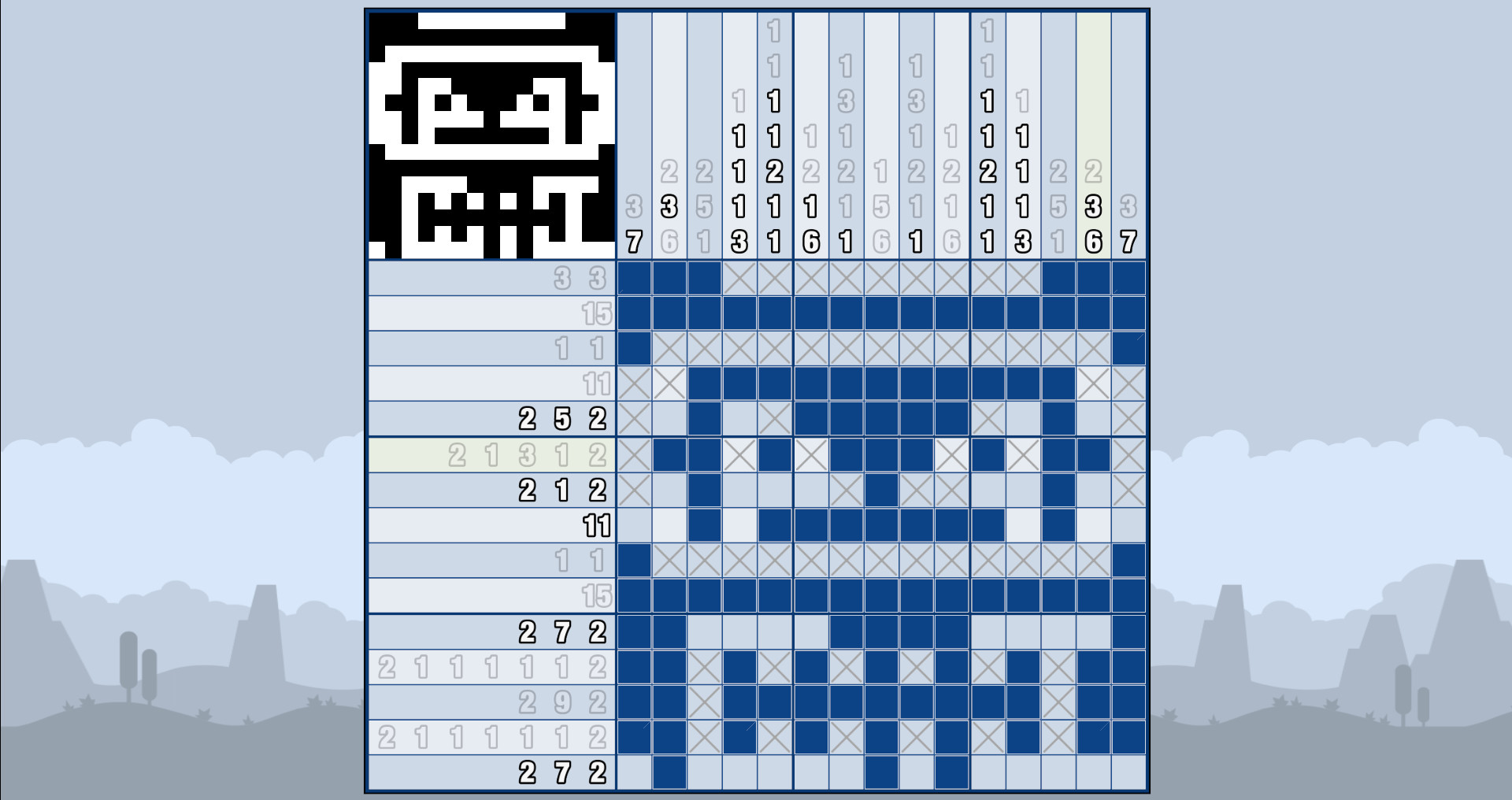 Picross Touch：数织行列数字围绕固定方格盘排列；已填格、空格与排除标记清楚区分。