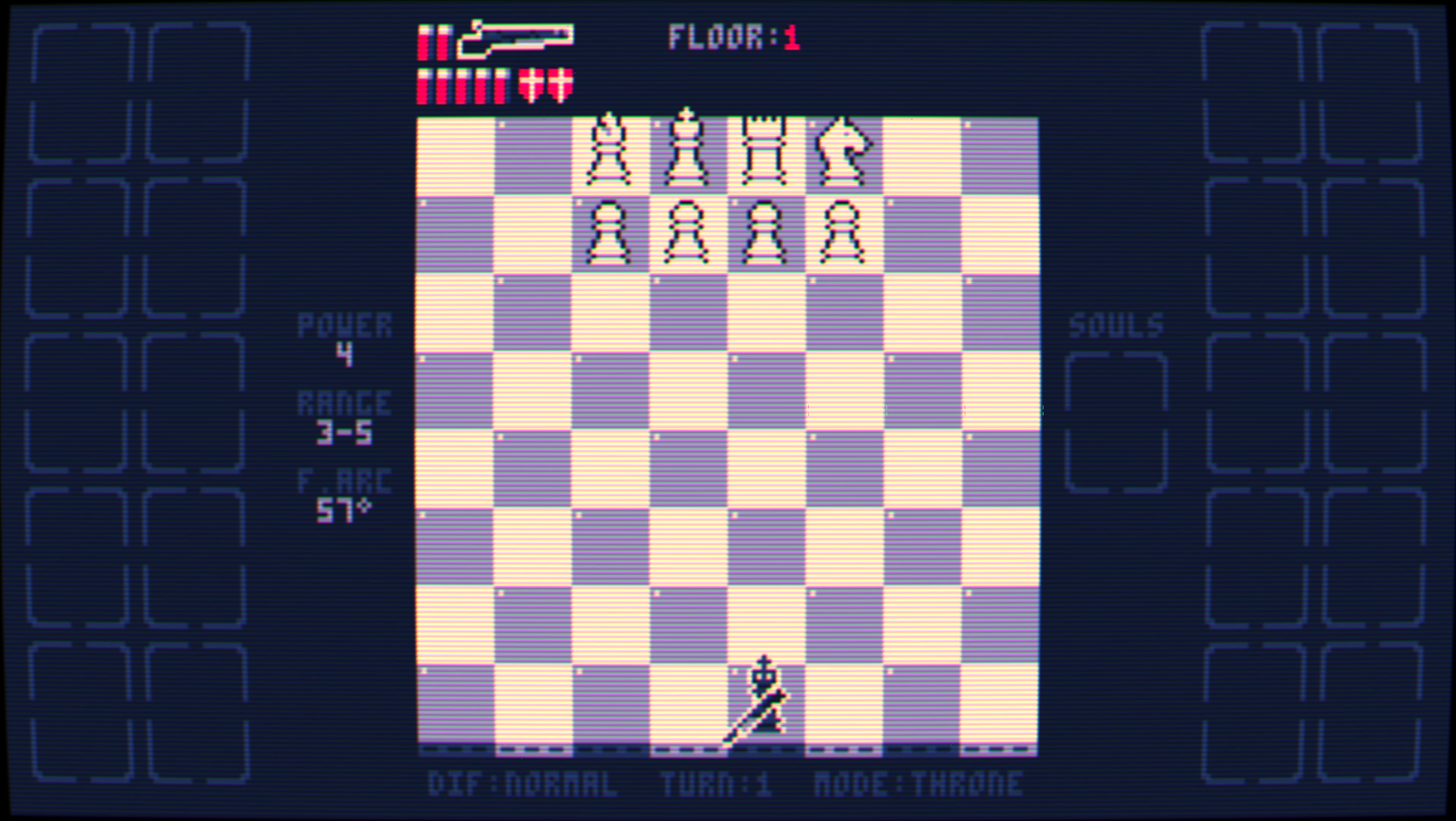 Shotgun King: The Final Checkmate：传统黑白国际象棋棋盘，单个国王持霰弹枪对抗整队棋子。