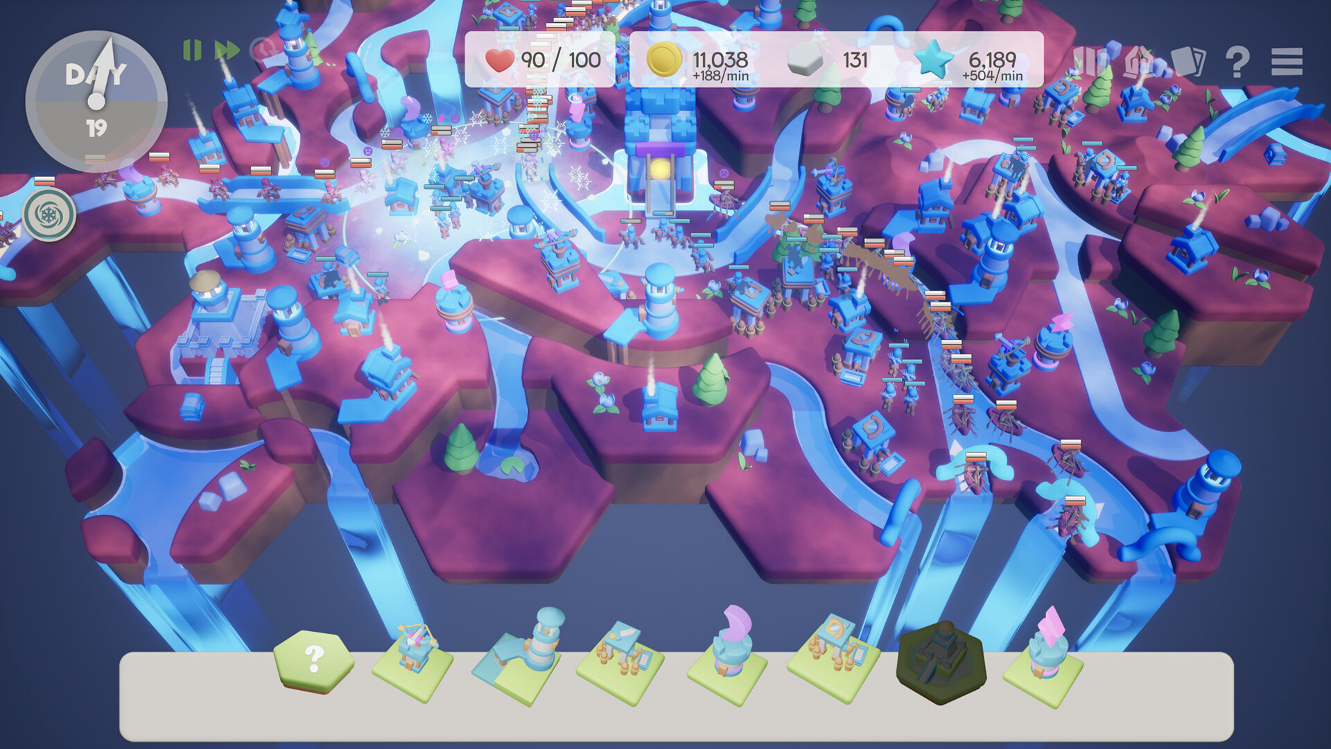 Hexguardian：可辨六角边缘的地块拼成悬浮地图，地块上布塔、接路，底部显示建设选项。