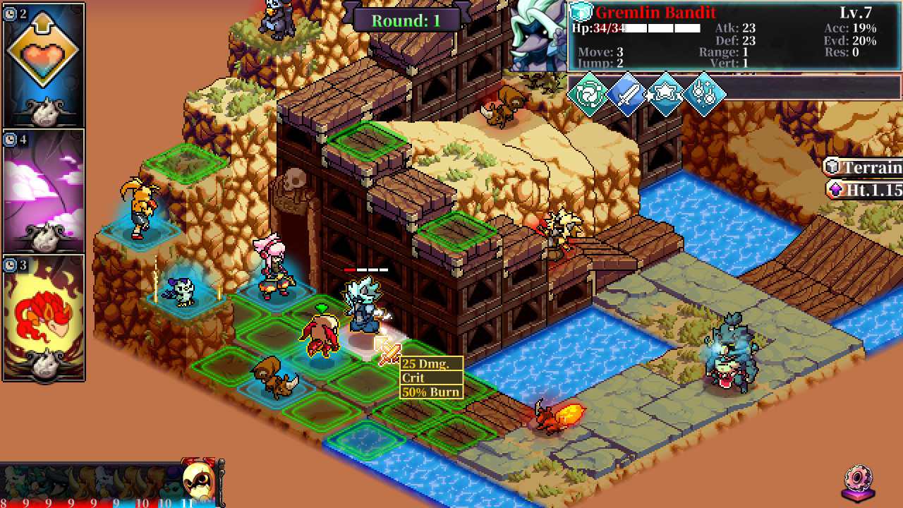 Fae Tactics：等距方格地形结合桥梁、台阶和高低差；角色附近用绿色格标出可行动位置。