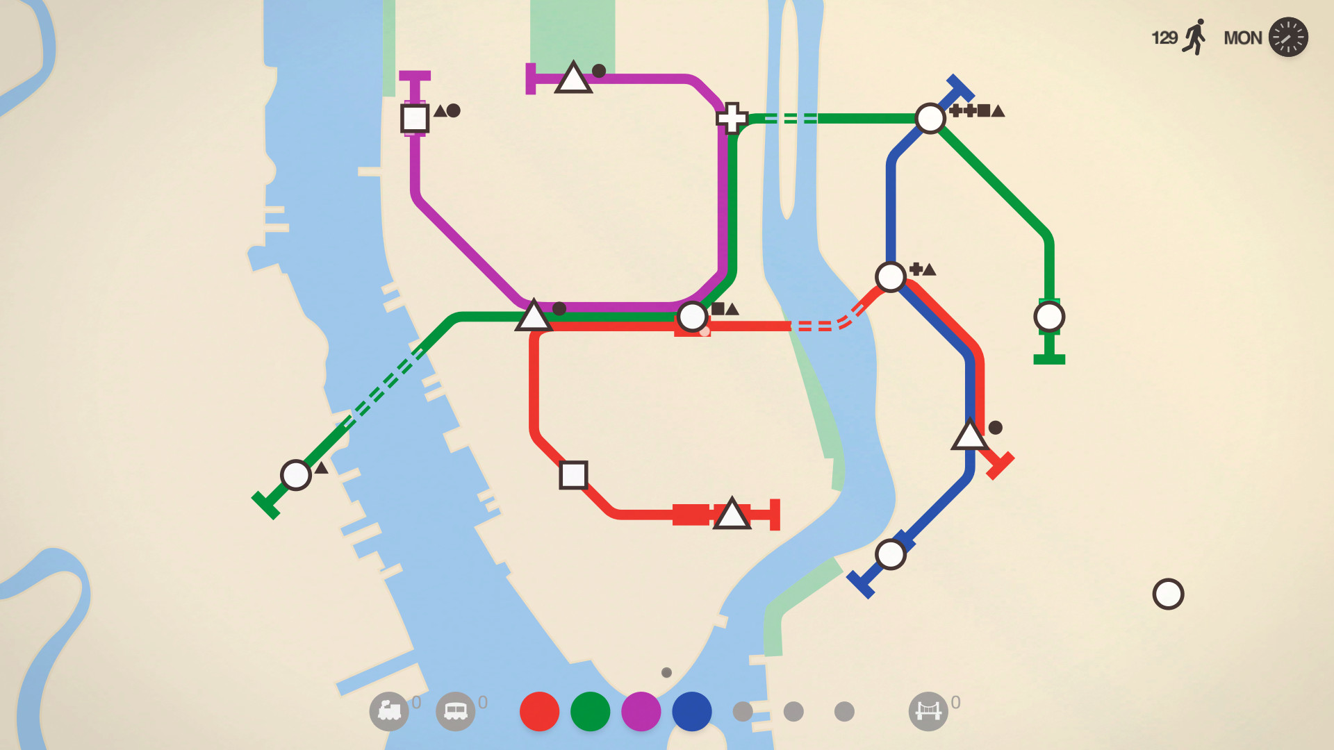 Mini Metro：圆、方、三角地铁站由不同色线路连接，河流需要隧道，保留站型、线路与车厢位置。