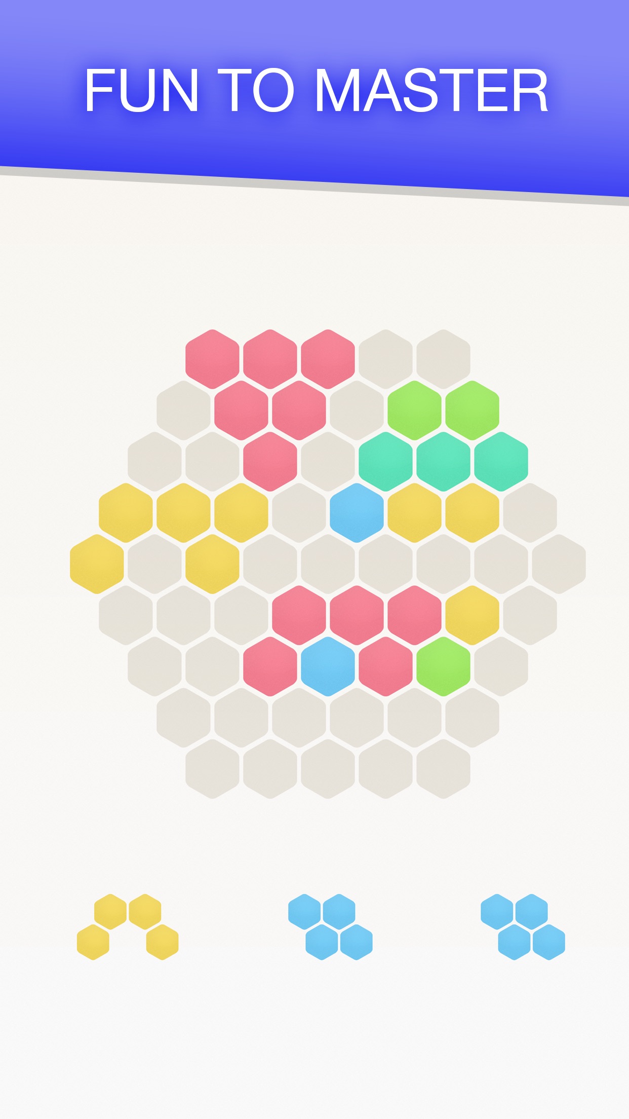 Hex FRVR：将六角组合块放入六边形棋盘，沿三种主方向填满一条直线即可清除。
