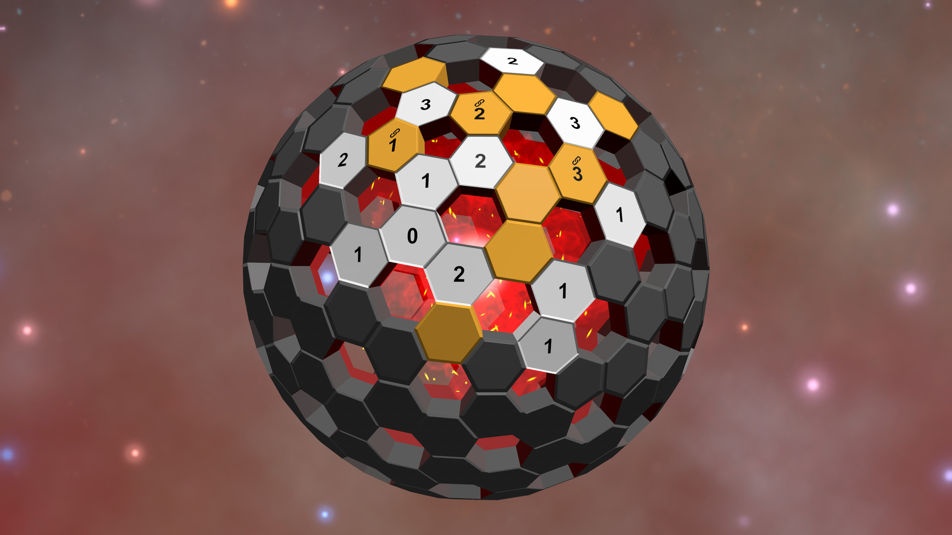 Globesweeper: Hex Puzzler：六角格包覆球面并带有缺口；邻接数字、区域与连通簇提示共同约束格子状态。
