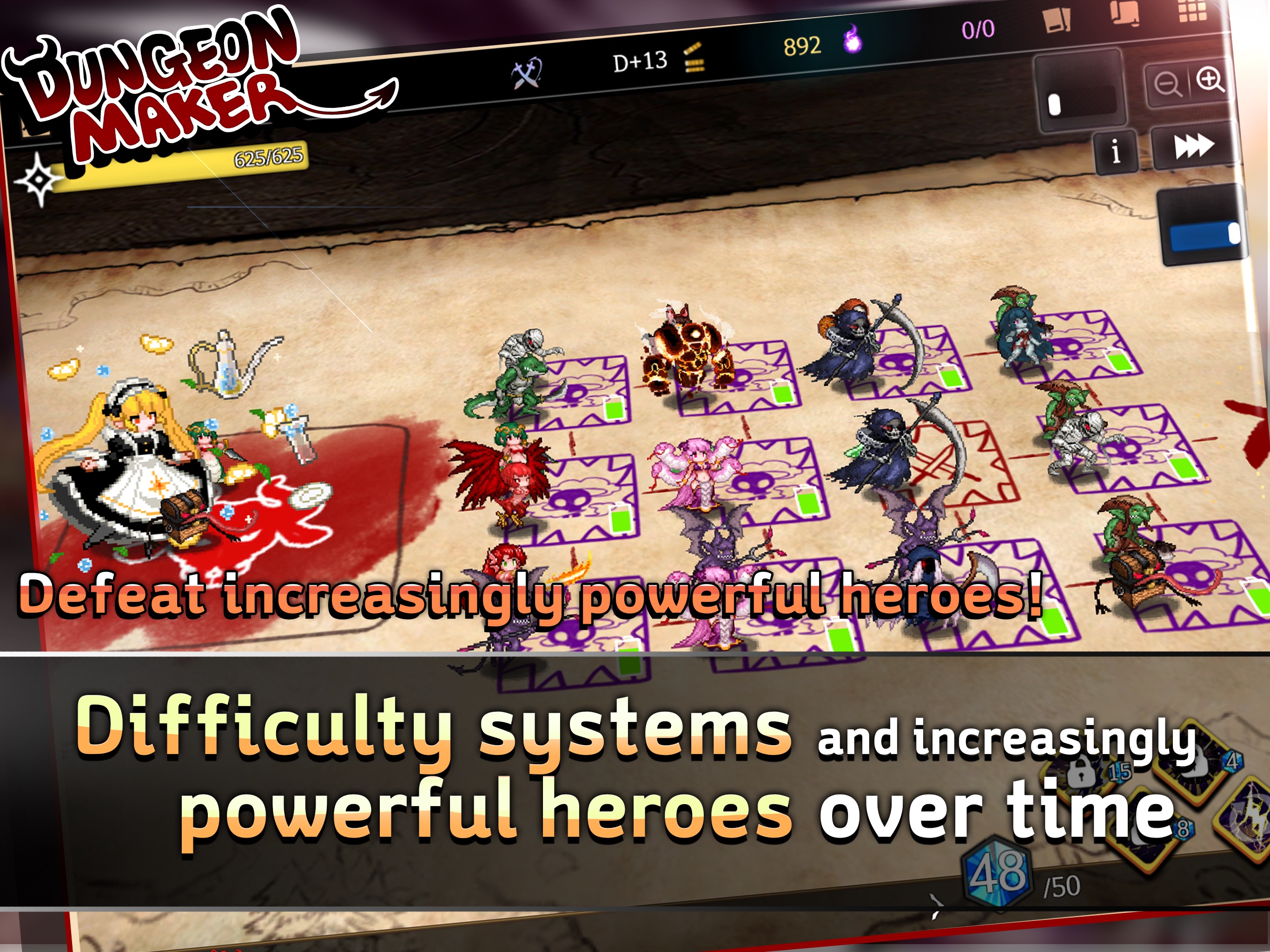 Dungeon Maker：横向多行房间格盘，格内安排怪物与房间设施，观察敌方勇者入侵路线。
