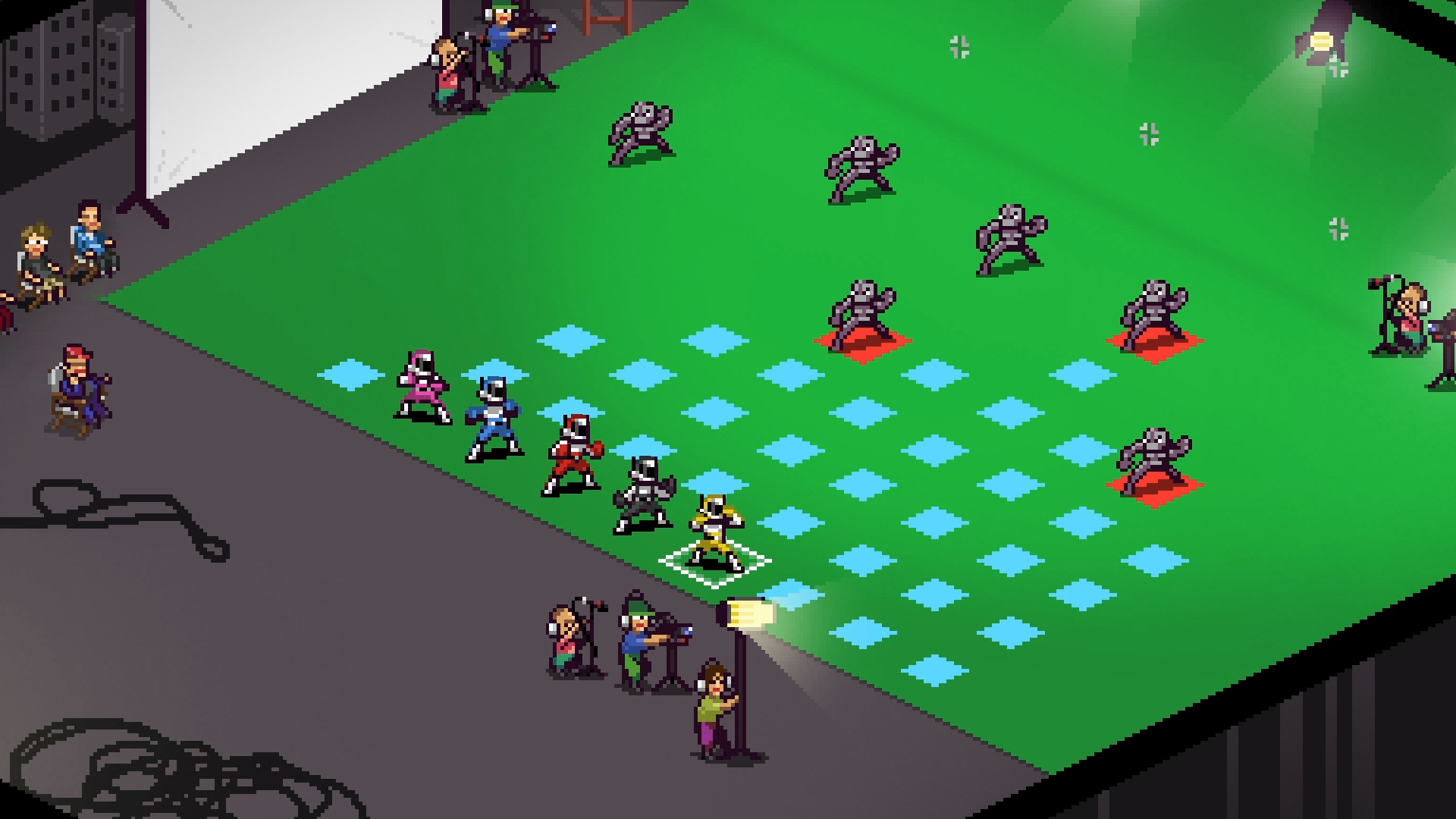 Chroma Squad：摄影棚方格战场中五色战队和敌人对阵，蓝色格标移动范围，保留队员配色与站位。