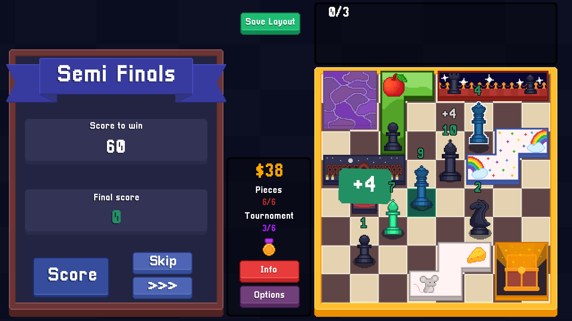 Tabulo：有限的方格盘里摆放棋子和带特殊效果的地砖，旁边显示目标分与回合状态。