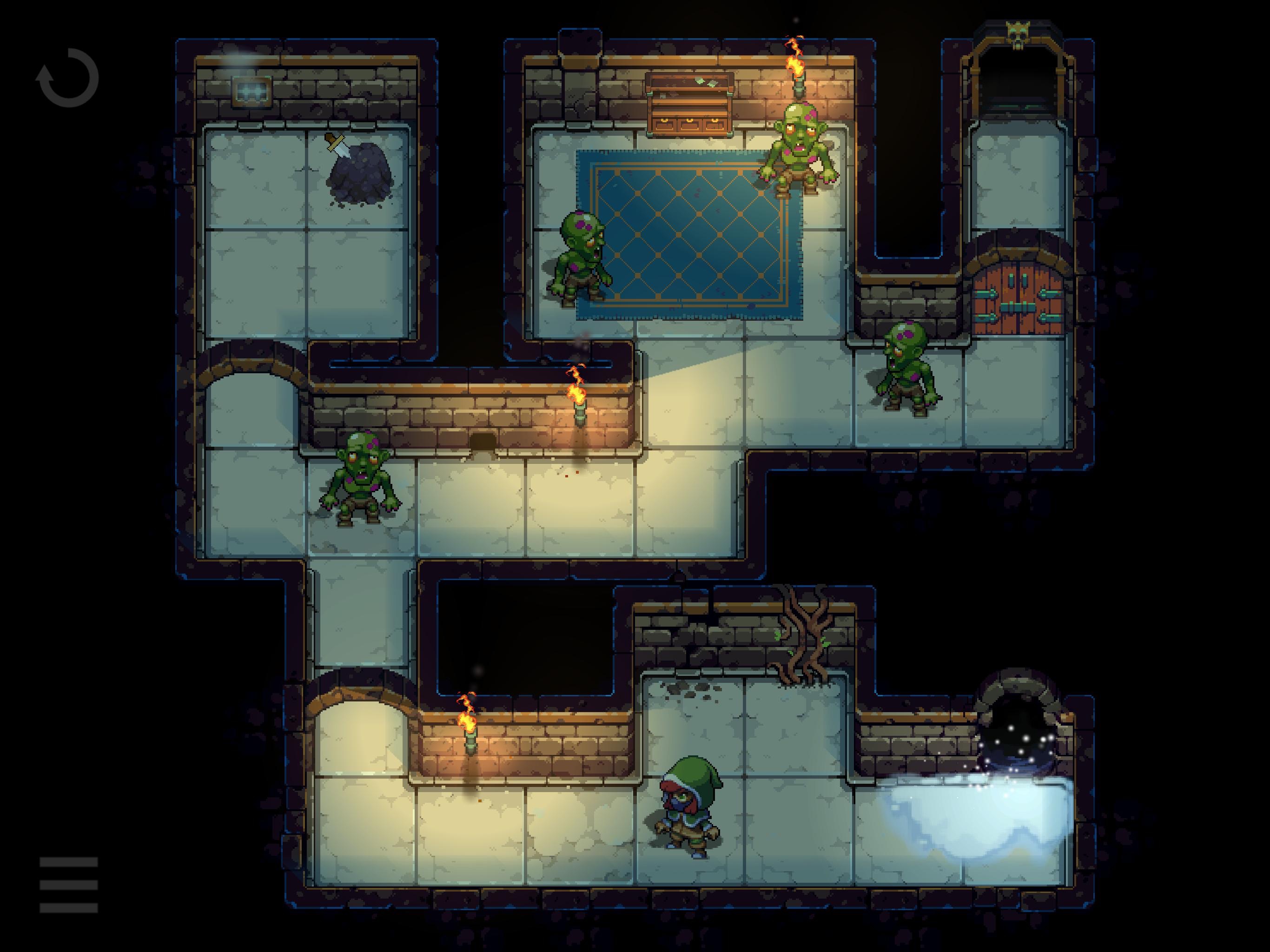 Dungeons of Dreadrock：单屏地牢层由明确方格组成；角色逐格绕行墙体、引开怪物，利用门、物品和机关找出通往下一层的解法。