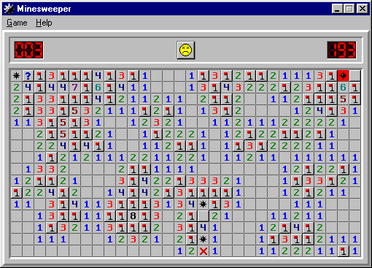 扫雷（Windows 98）：规则矩形暗格棋盘，依据相邻雷数逐格揭开安全格并标记地雷。