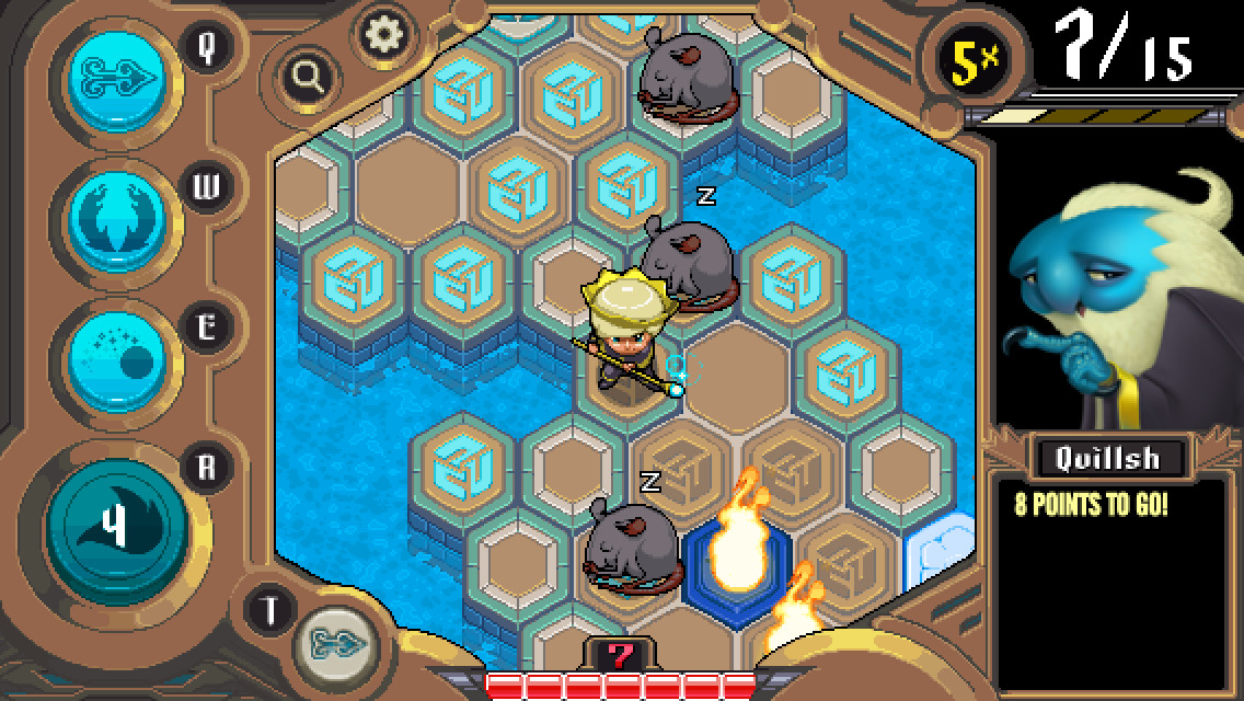 Auro: A Monster-Bumping Adventure：紧凑的六角地块棋盘，走位和法术围绕把怪物推入水中展开。