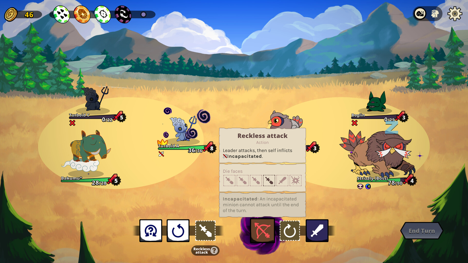 Dicefolk：双方三只怪物排成阵列，骰子决定攻击轮转与位置，保留队伍顺序和骰面图标。