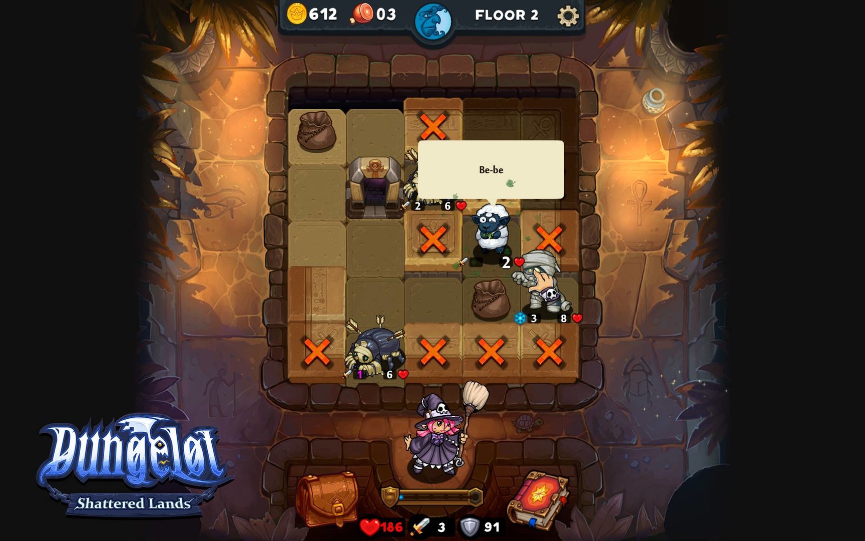 Dungelot: Shattered Lands：中央直立小方格地牢，逐格翻开怪物、战利品与出口。