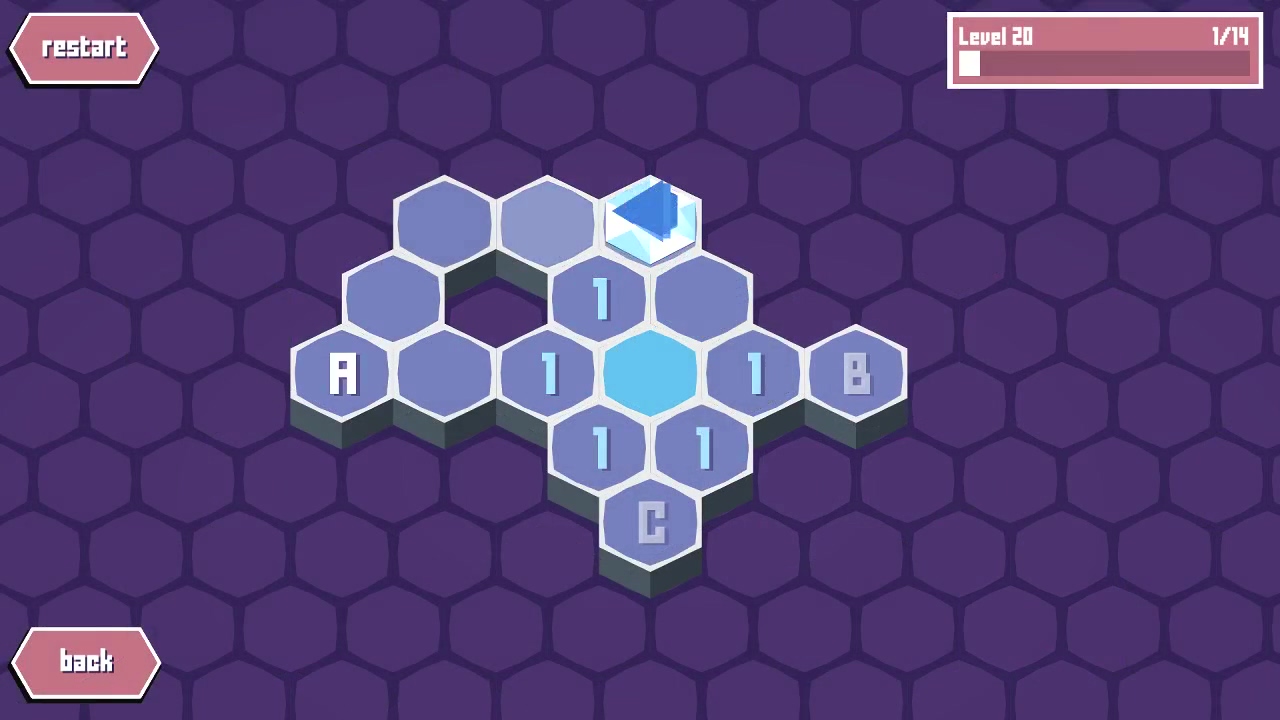 Hexa Path：在六边格盘上移动蓝色飞船染色所有地块；数字格需要多次经过，字母格限制通过顺序。