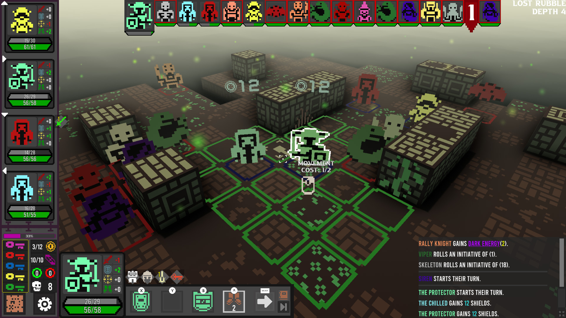 Dungeon Reels Tactics：小型等距方格地台中有高起方块墙、像素纸片角色与绿色可行动格，上方为行动顺序，左侧显示队员状态。